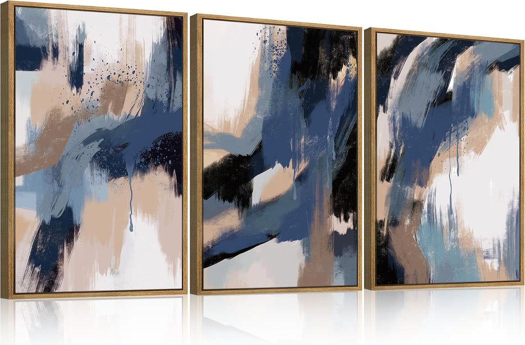 Extra Large Blue Neutral Wall Art Modern Abstract Wall Painting Framed Blue Artwork Abstract Blue Wall Decor Modern Abstract Art Prints Neutral Abstract Paintings for Living Room Bedroom Office 24x36 Inch Set of 3