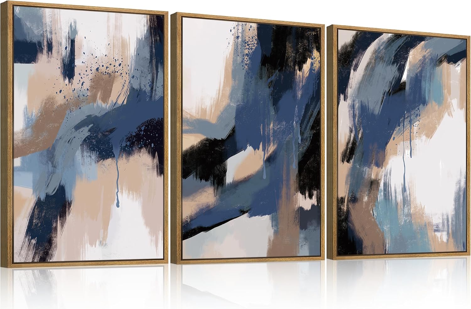 Extra Large Blue Neutral Wall Art Modern Abstract Wall Painting Framed Blue Artwork Abstract Blue Wall Decor Modern Abstract Art Prints Neutral Abstract Paintings for Living Room Bedroom Office 24x36 Inch Set of 3