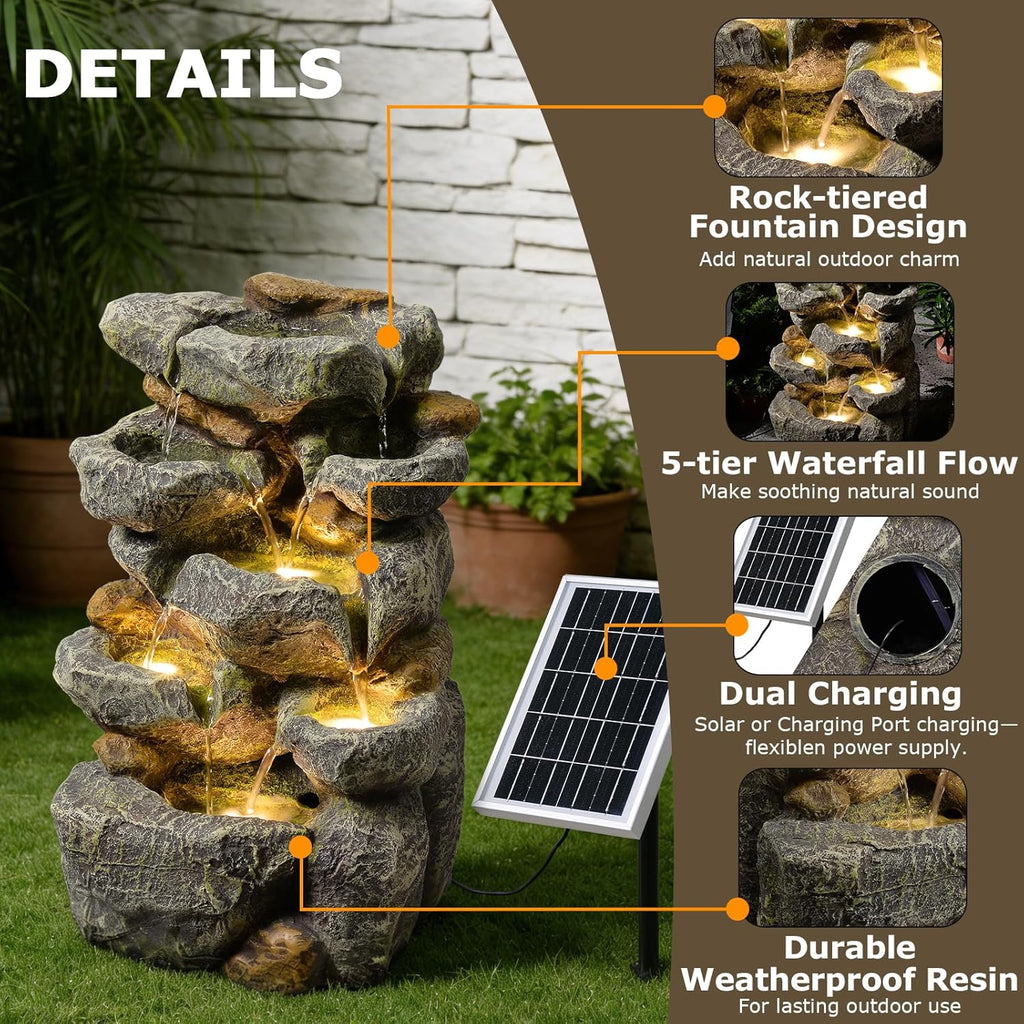 Solar Water Fountain Outdoor Garden,5 Tiered Cascading Rock Solar Powered Water Fountain Water Fall Fountains Outside with Lights for Backyard, Patio, Deck, Porch, 19.3' H x 12.2' L x 9.5' W