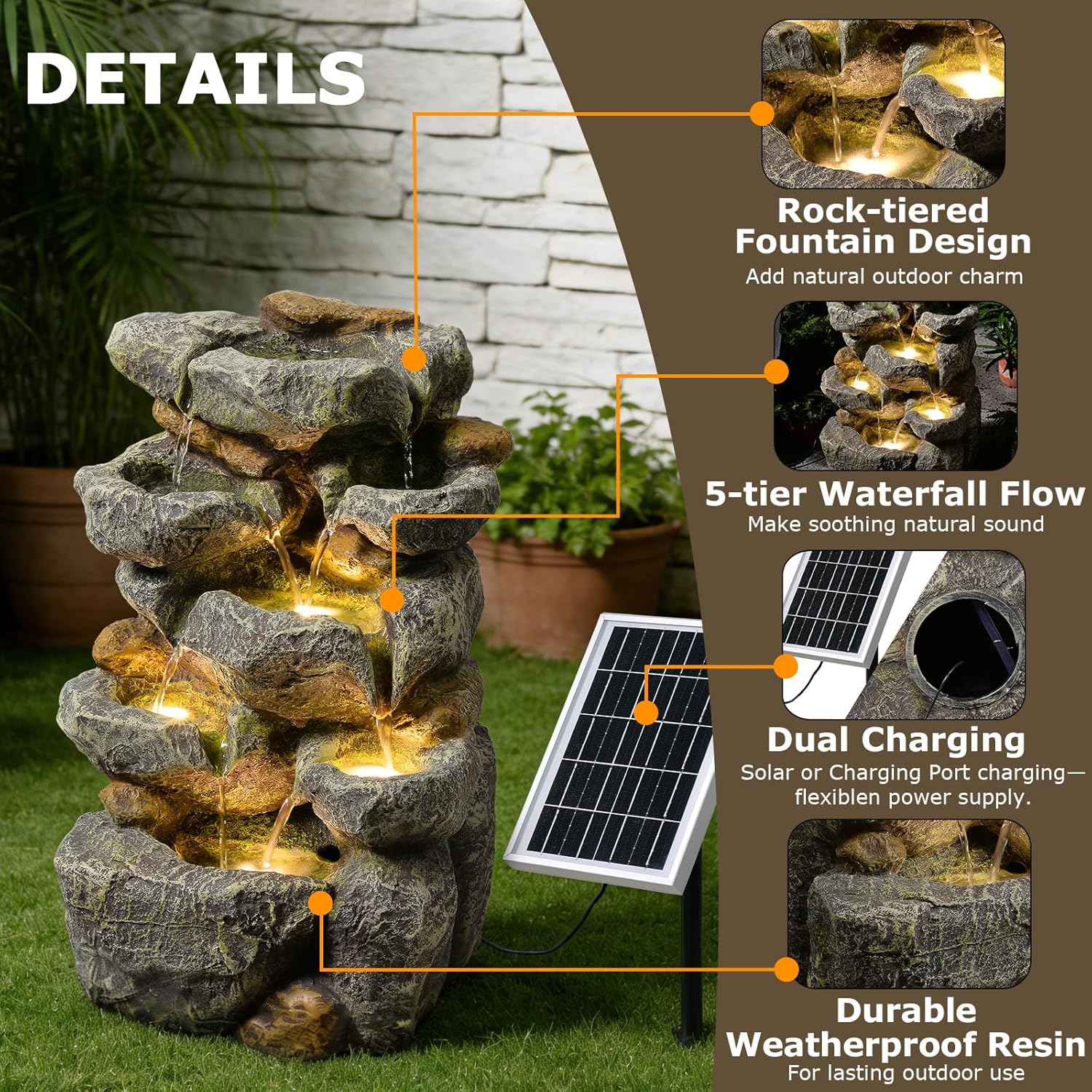 Solar Water Fountain Outdoor Garden,5 Tiered Cascading Rock Solar Powered Water Fountain Water Fall Fountains Outside with Lights for Backyard, Patio, Deck, Porch, 19.3' H x 12.2' L x 9.5' W