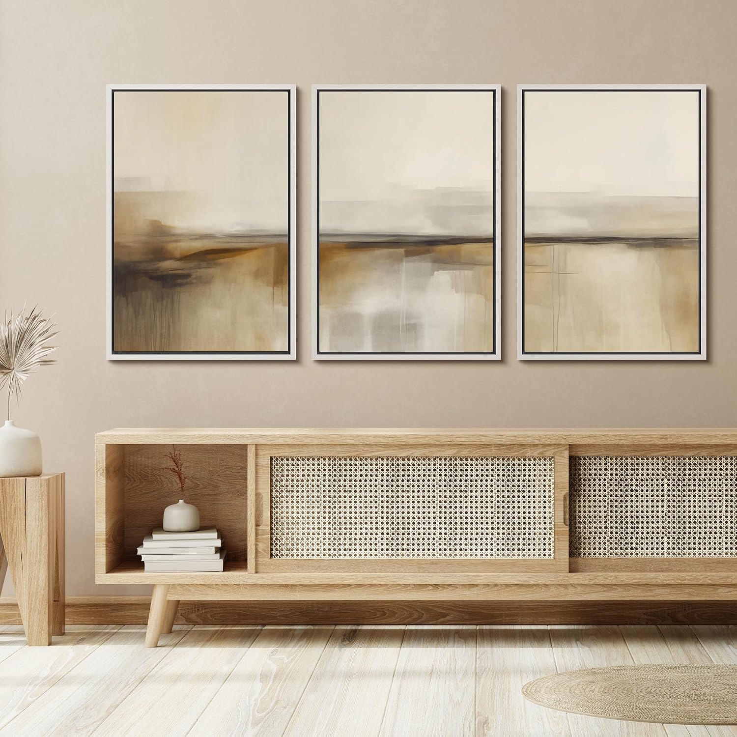 SIGNFORD Framed Canvas Print Wall Art Set Desert Haze Abstract Neutral Beige and Brown Illustrations Modern Art Relax/Calm for Living Room, Bedroom, Office - 16'x24'x3 White