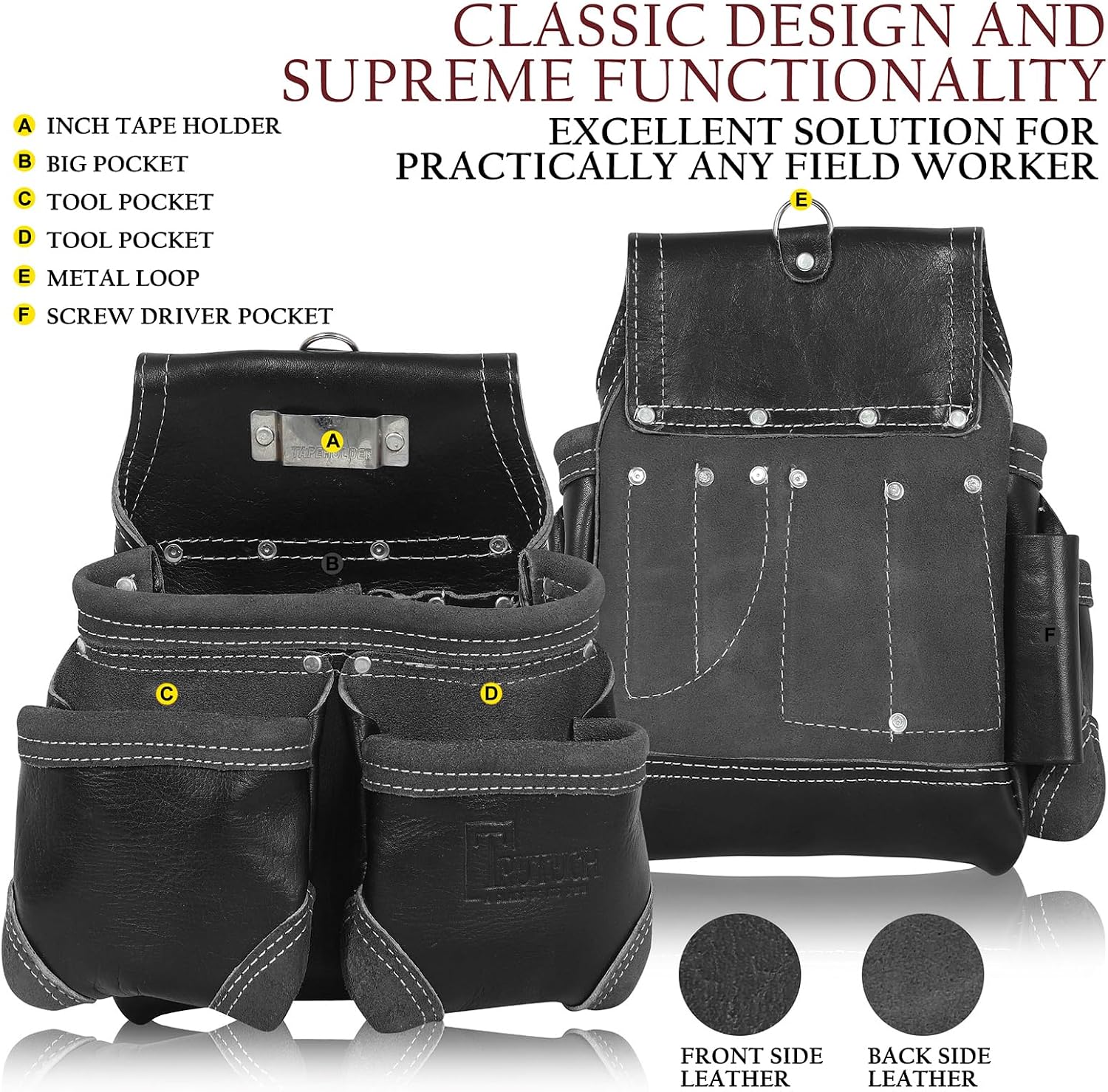 Grain Leather Tool Belt | Tools Pouch | Drywall Tool Belt | Carpenter Tools Bag | Leather Tool Belts for Men | Construction | Framers | Electrician (Black)