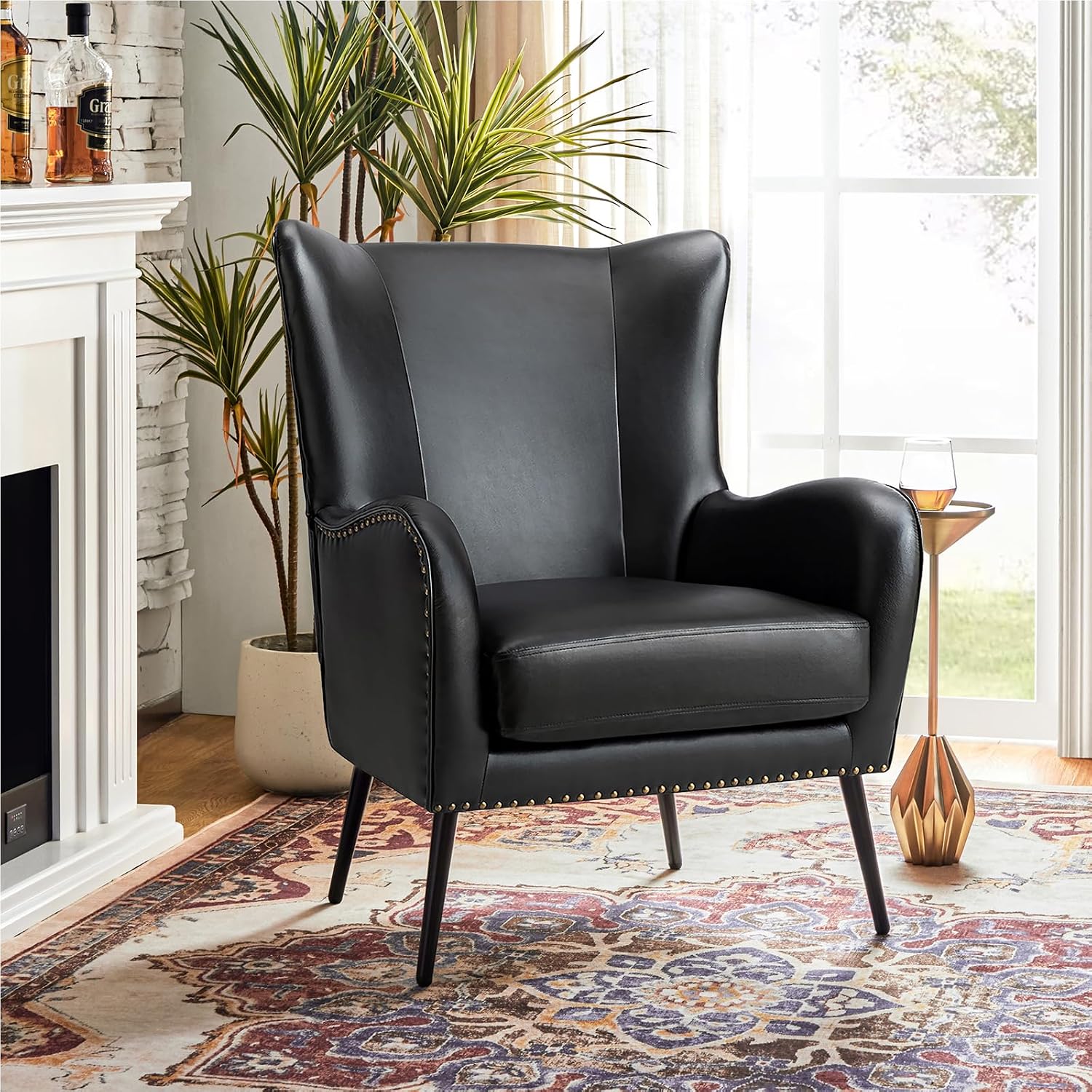 HULALA HOME Faux Leather Accent Chair with Removable Cushion, Comfy Upholstered Armchair with Black Metal Legs & Nailhead Trim Wingback Vanity Chair for Reading Living Room Bedroom, Black