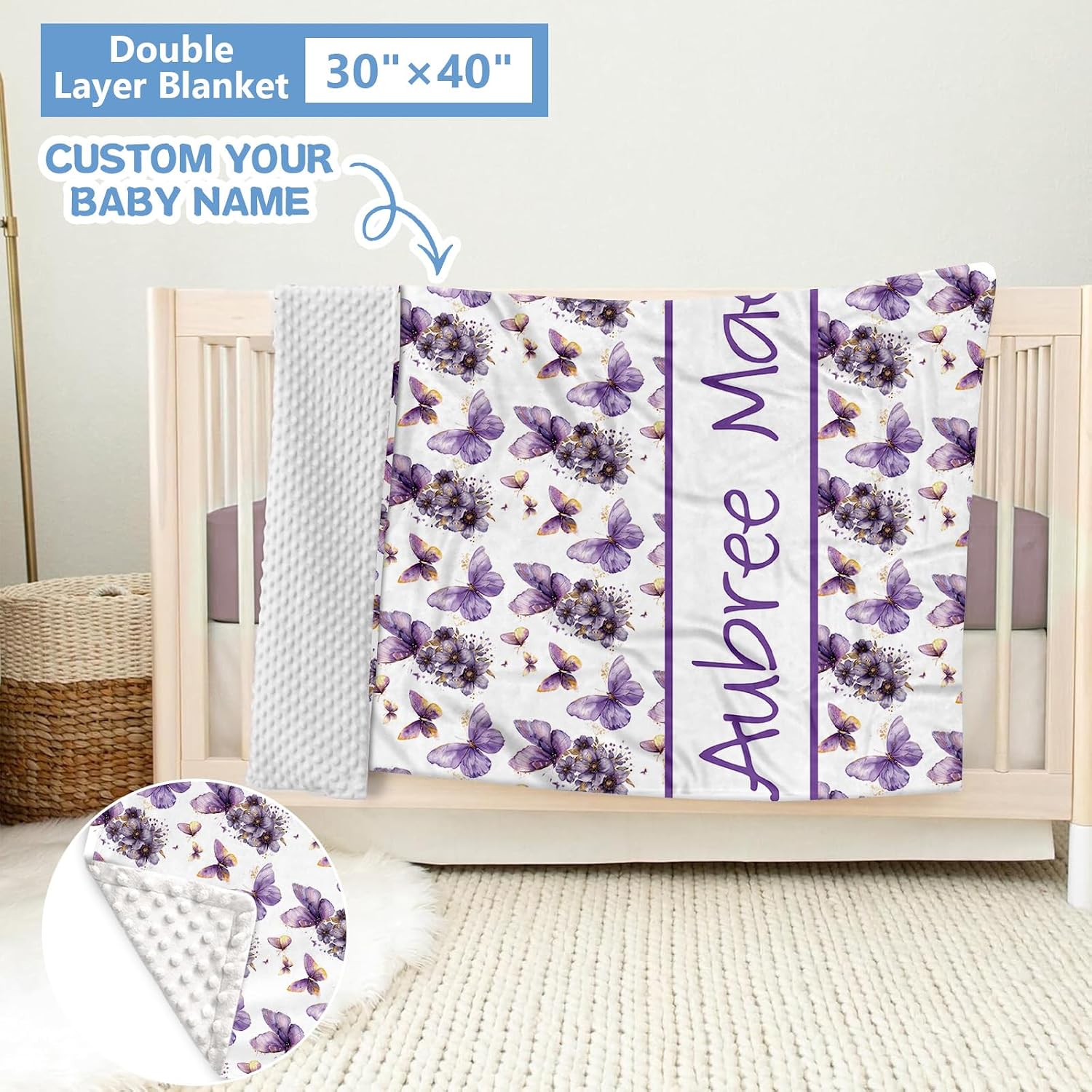 KAINSY Custom Crib Bedding Set 5 Pcs for Baby Girls – Personalized Purple Butterfly Theme, Newborn Sleep Set, Nursery Decor, Toddler Room Essentials, Infant Sleep, Baby Room Accessories, Baby Gift