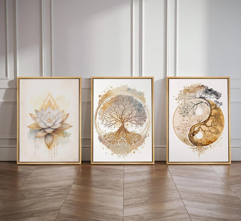 3pcs Framed Tree of Life Canvas Wall Art Gold Lotus Zen Painting Picture Wall Decor Abstract Yin Yang Poster Print Artwork for Living Room Yoga Room Hotel Bedroom Home Decoration Wood Color Framed
