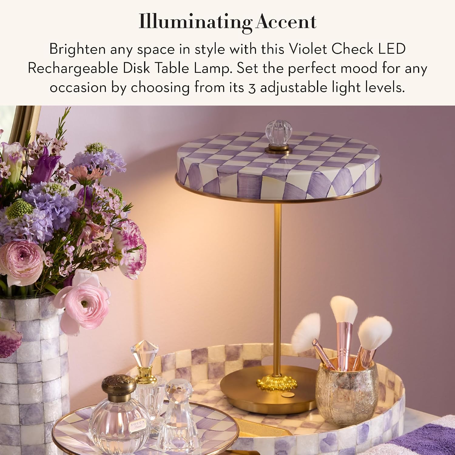 MACKENZIE-CHILDS LED Rechargeable Disk Table Lamp, Cordless Decorative Lamp, Purple-and-White Violet Check