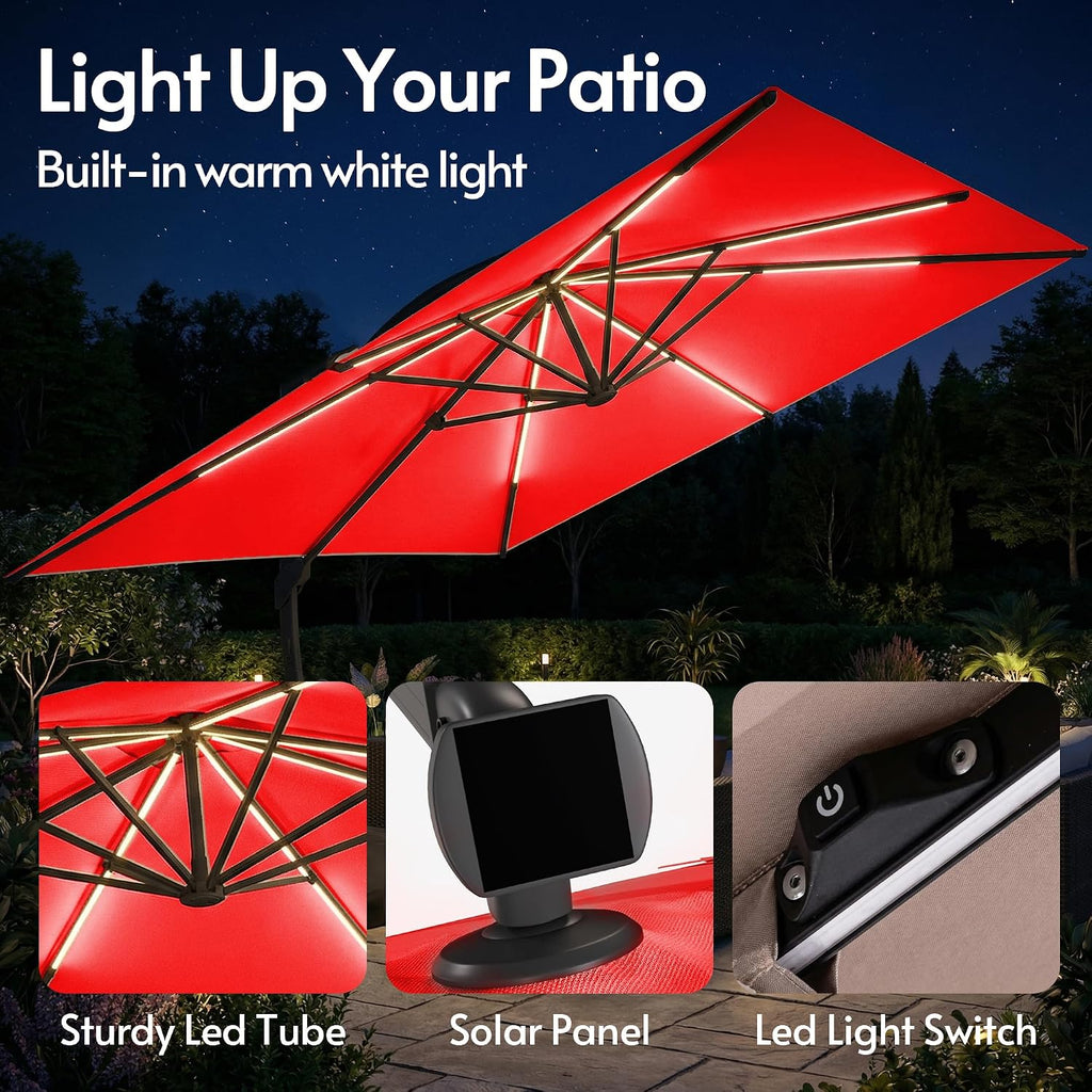 ENSTVER 11x11ft Large Cantilever Umbrella With Base Included & Solar Powered Led Lights, Deluxe Curvy All-Aluminum Rectangular Patio Umbrella For Deck, Pool And Backyard (Red)