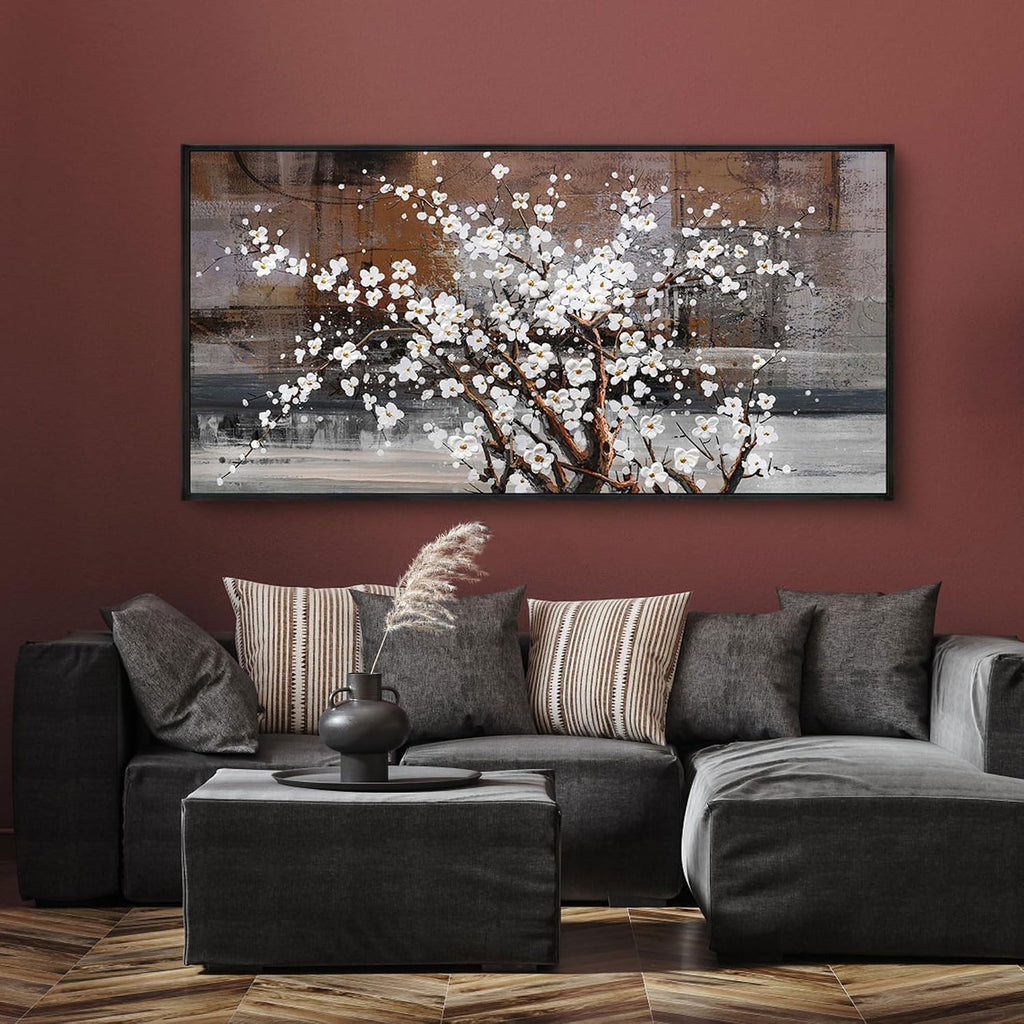 KLAKLA Wall Art for Living Room - White Plum Blossom Brown Trunk Natural Landscape Wall Decor Framed Picture Artwork for Wall Modern Paingings Extra Large Wall Art