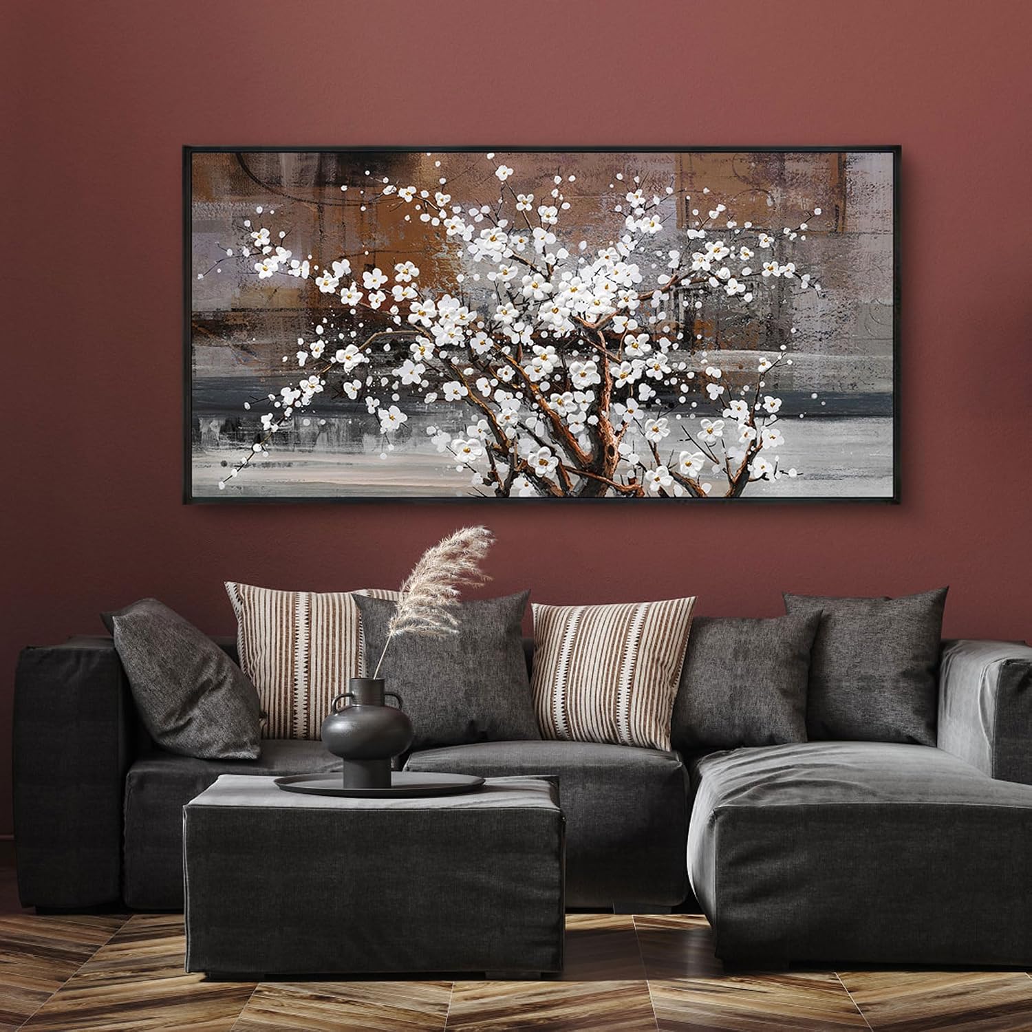 KLAKLA Wall Art for Living Room - White Plum Blossom Brown Trunk Natural Landscape Wall Decor Framed Picture Artwork for Wall Modern Paingings Extra Large Wall Art
