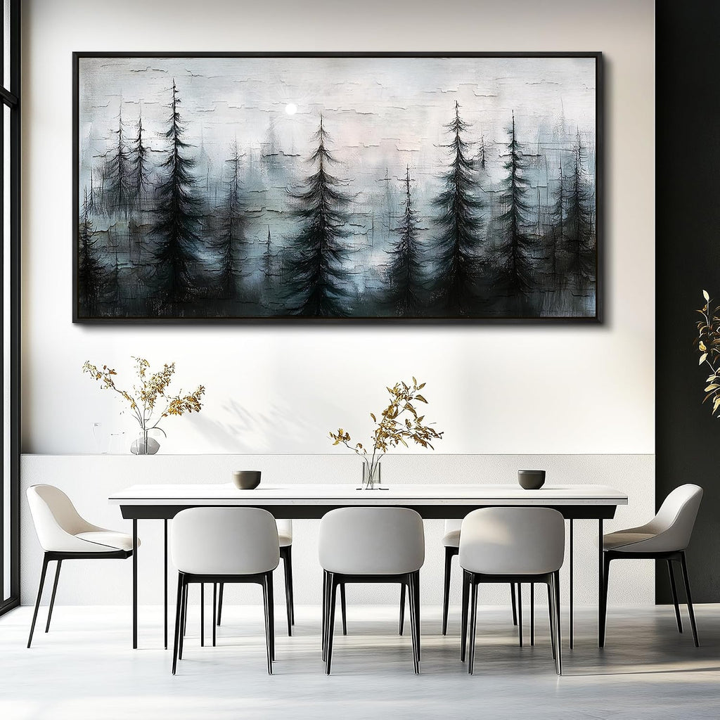 XIGUANGART Misty Forest Canvas Wall Art Nature Landscape Pictures Farmhouse Abstract Tree Watercolour Painting Wall Decor Living Room, Bedroom Home Office Decorations Artwork Black Framed Large 60x30
