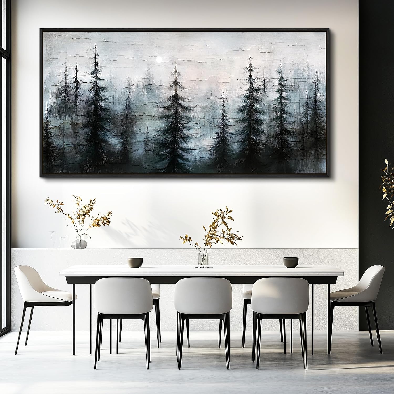 XIGUANGART Misty Forest Canvas Wall Art Nature Landscape Pictures Farmhouse Abstract Tree Watercolour Painting Wall Decor Living Room, Bedroom Home Office Decorations Artwork Black Framed Large 60x30