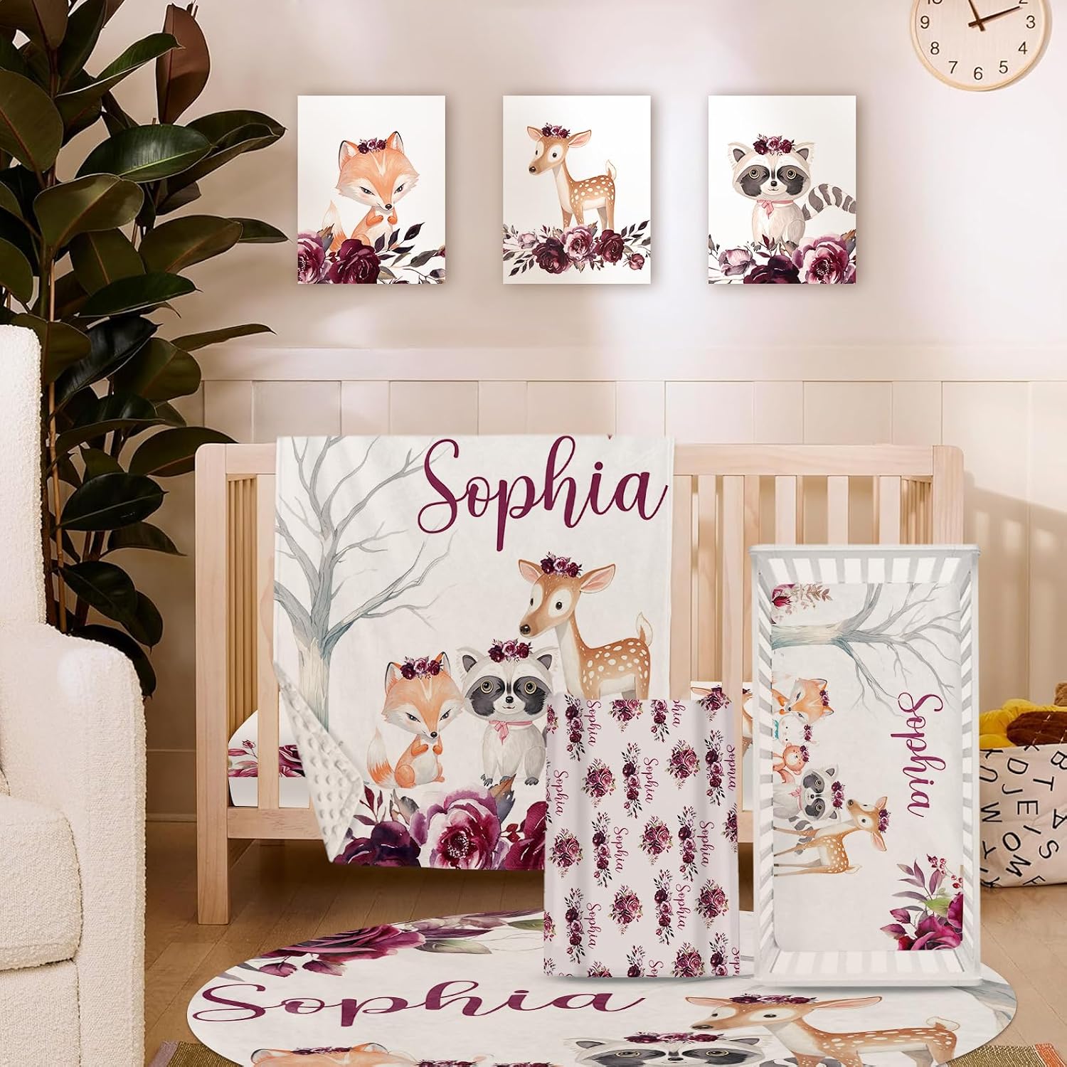 TOOTANN Custom Baby Crib Bedding Set, 5 Pcs Personalized Name Baby Crib Sheets for Kid Toddler Infant, Raccoons and Deer Nursery Bedding Set