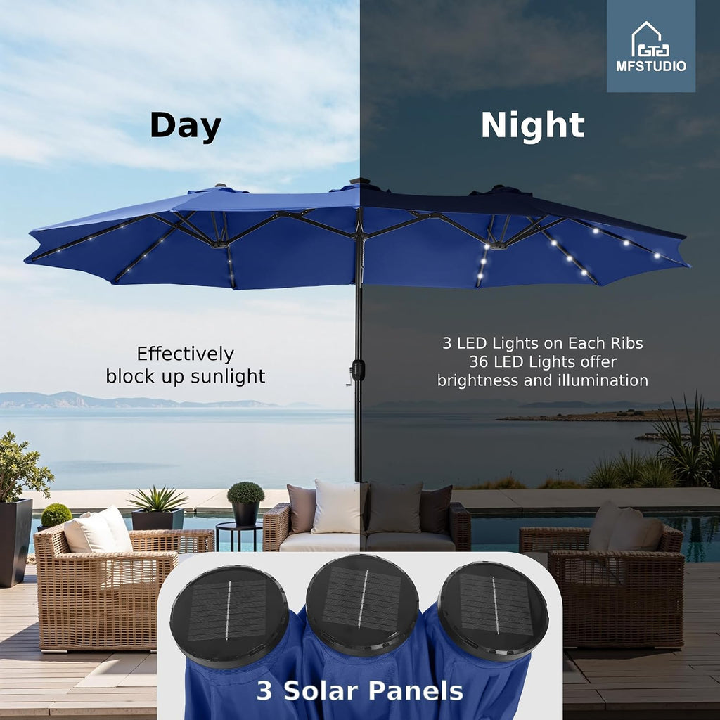 MFSTUDIO 15ft Double Sided Patio Umbrella with Solar Lights, Outdoor Large Umbrellas with Crank Handle and 36 LED Lights, Rectangular Market Umbrella with Base Included for Deck Pool Shade, Haze Blue