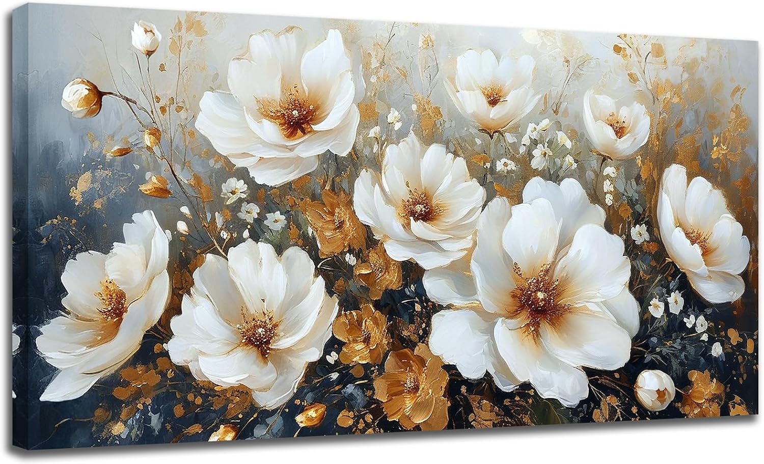 RUIFENGL Flower Canvas Wall Art White and Gold Floral Pictures Canvas Prints Wall Art for Living Room Bedroom Bathroom Home Office Decoration Painting Artwork 29'x58' Xlarge