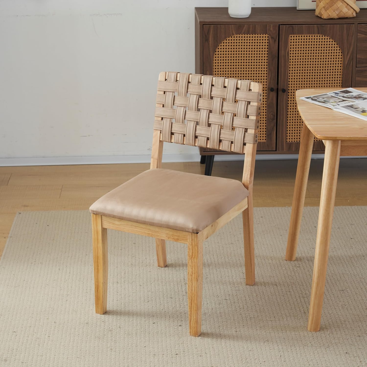 VINGLI Khaki Woven Wooden Dining Chairs Set of 2,Armless Mid Century Modern Desk Chairs with Rivet&Foot Pegs,Upholstered Farmhouse Comfy Chair No Wheels for Dining Room,Living Room,Kitchen,Oak,Suede