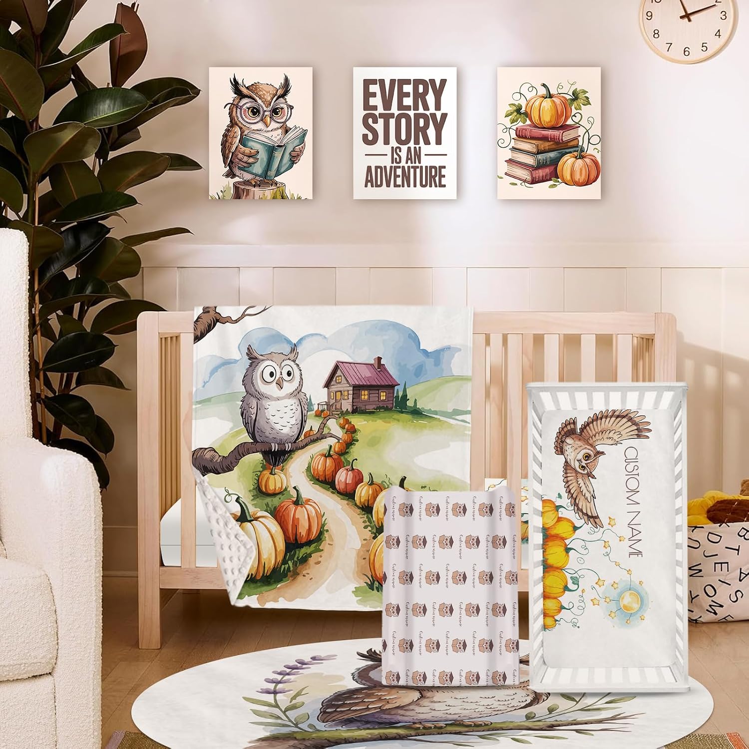 Personalized Crib Bedding Set for Baby Boys Girls, Owl Pattern Custom Name Baby Crib Sets 5-Pcs, Double Layer Baby Blanket Fitted Sheet Changing Pad Cover Rug Wall Art Set