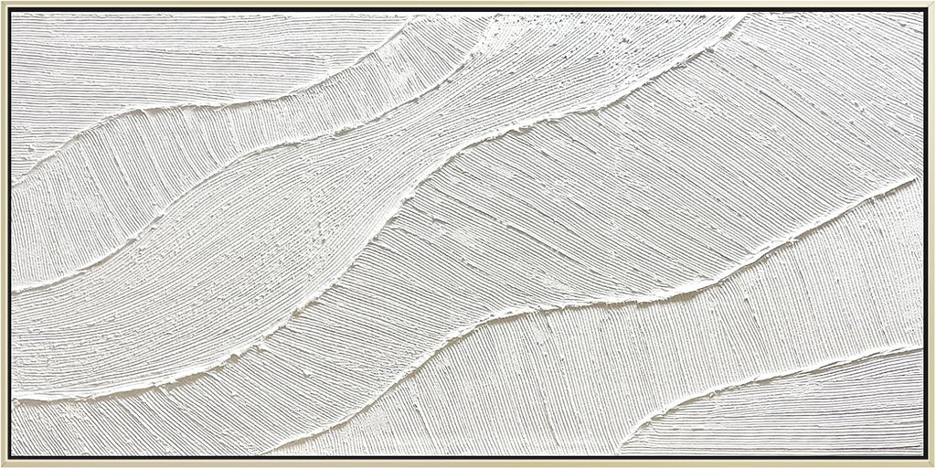 GeekMacro White Hand Painted Abstract Oil Painting Textured Wall Art - Large Framed 58x29 Minimalist Artwork Living Room Bedroom Horizontal Wall Decor
