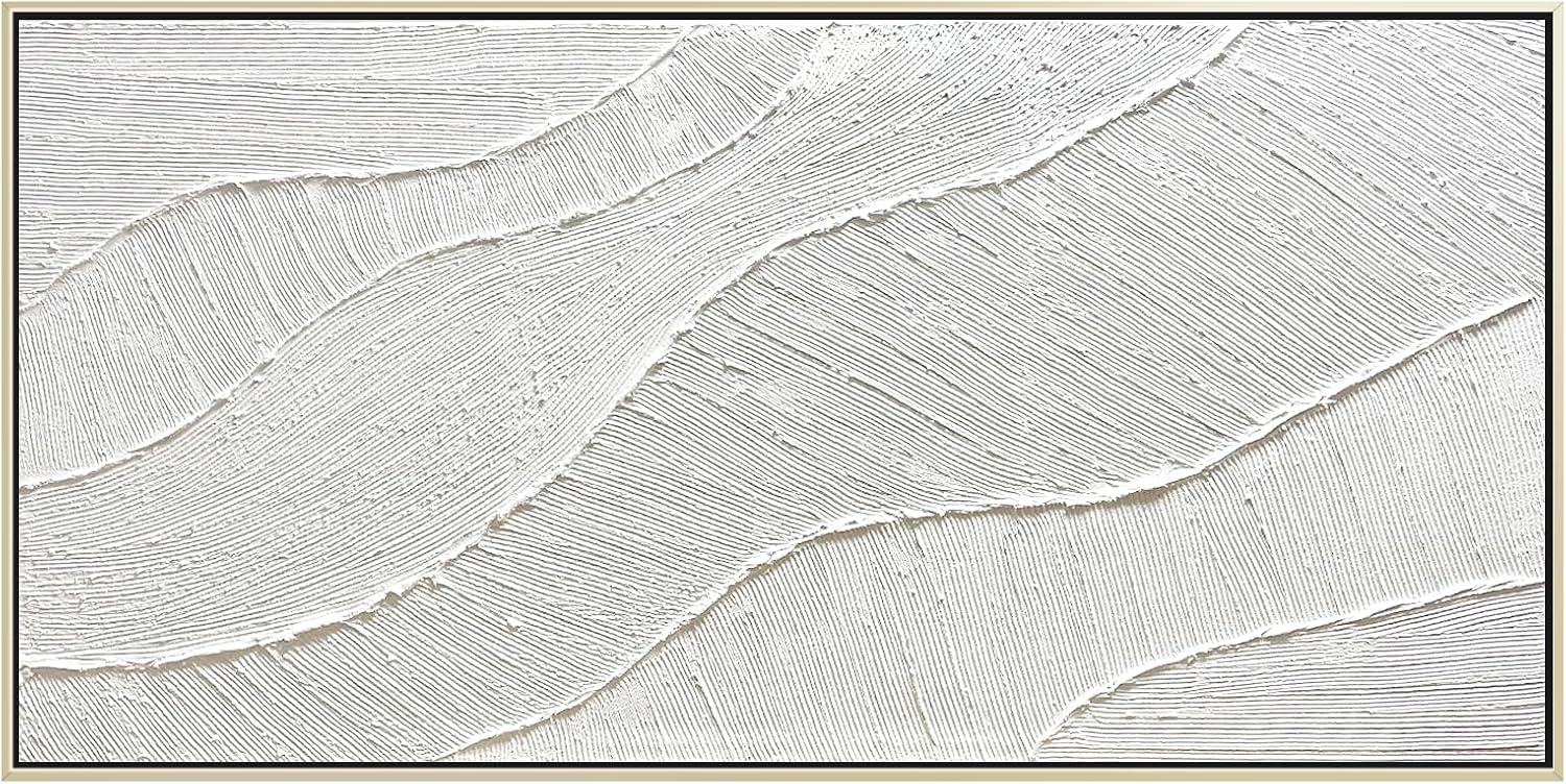 GeekMacro White Hand Painted Abstract Oil Painting Textured Wall Art - Large Framed 58x29 Minimalist Artwork Living Room Bedroom Horizontal Wall Decor