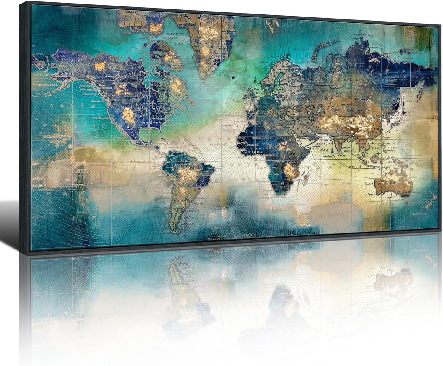 Pogusmavi World Map Wall Art for Living Room - Large Framed World Maps for Wall, Green Abstract Canvas Artwork for Walls, Modern Office Decor, Map Wall Art for Men (Black Framed) 29×58IN