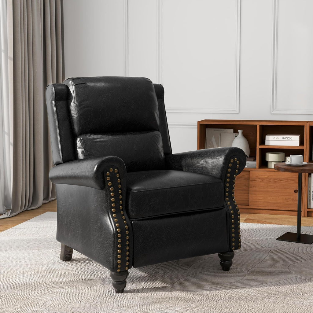 Pushback Recliner Chair, PU Leather Armchair Push Back Accent Chair for Living Room, Rivet Trim Club Chair Home Theater Overstuffed Single Sofa Bedroom Reading Seat - Black