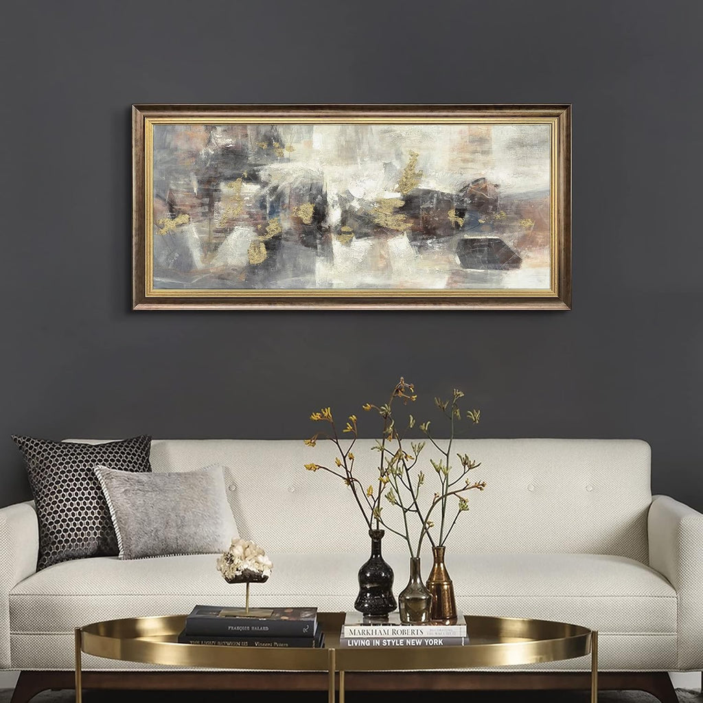 Framed Modern Art Wall Grey: Abstract Canvas Painting Heavy Texture Picture Gold Foils Artwork for Home Decor(30x60)