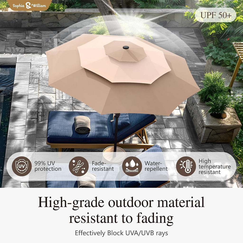 Sophia & William 10ft Patio Umbrellas 3-Tier Umbrella Outdoor Patio Umbrellas with Lights Vented Top 24 LED lights Adjustable Tilt for Pool Garden Backyard, Mixed Beige