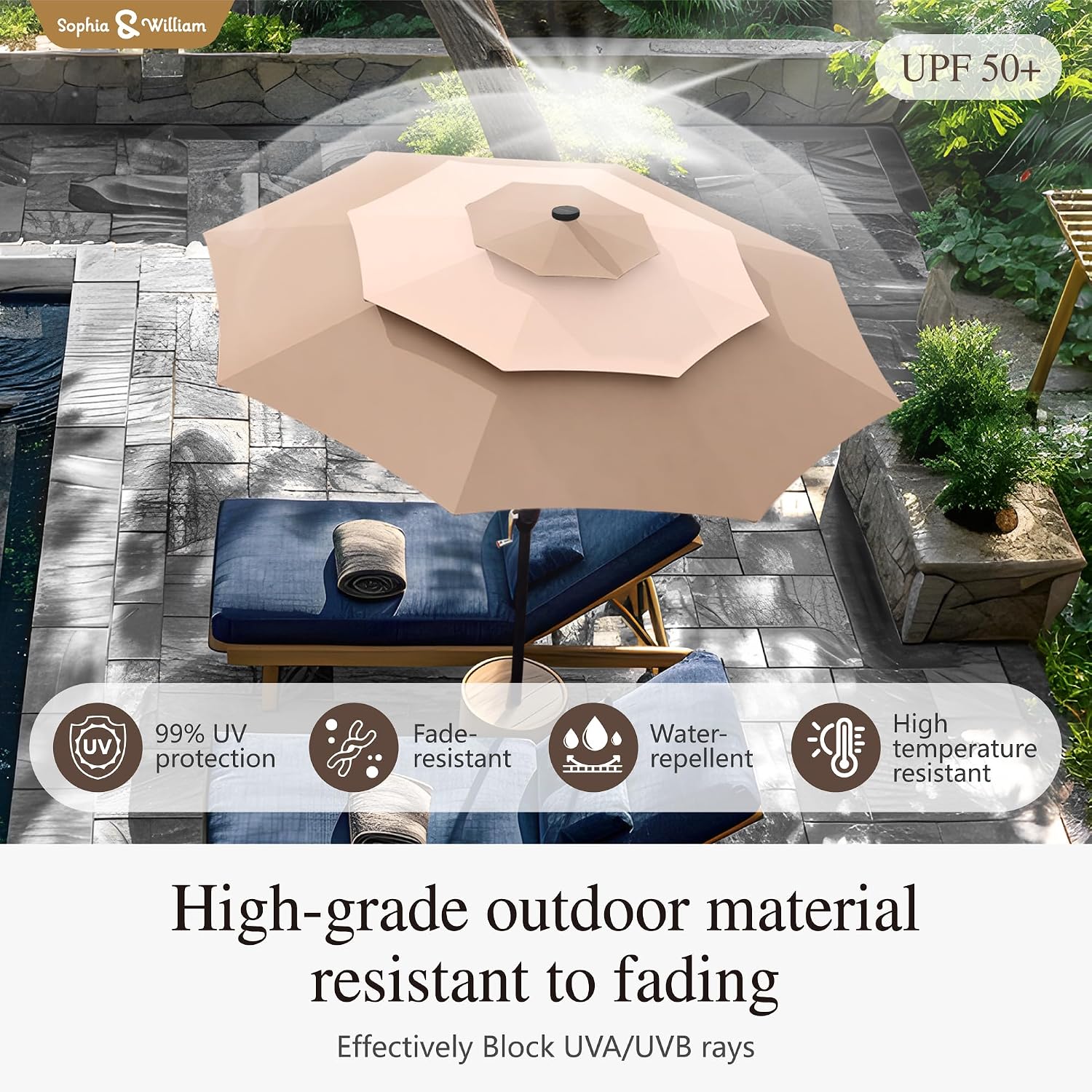 Sophia & William 10ft Patio Umbrellas 3-Tier Umbrella Outdoor Patio Umbrellas with Lights Vented Top 24 LED lights Adjustable Tilt for Pool Garden Backyard, Mixed Beige