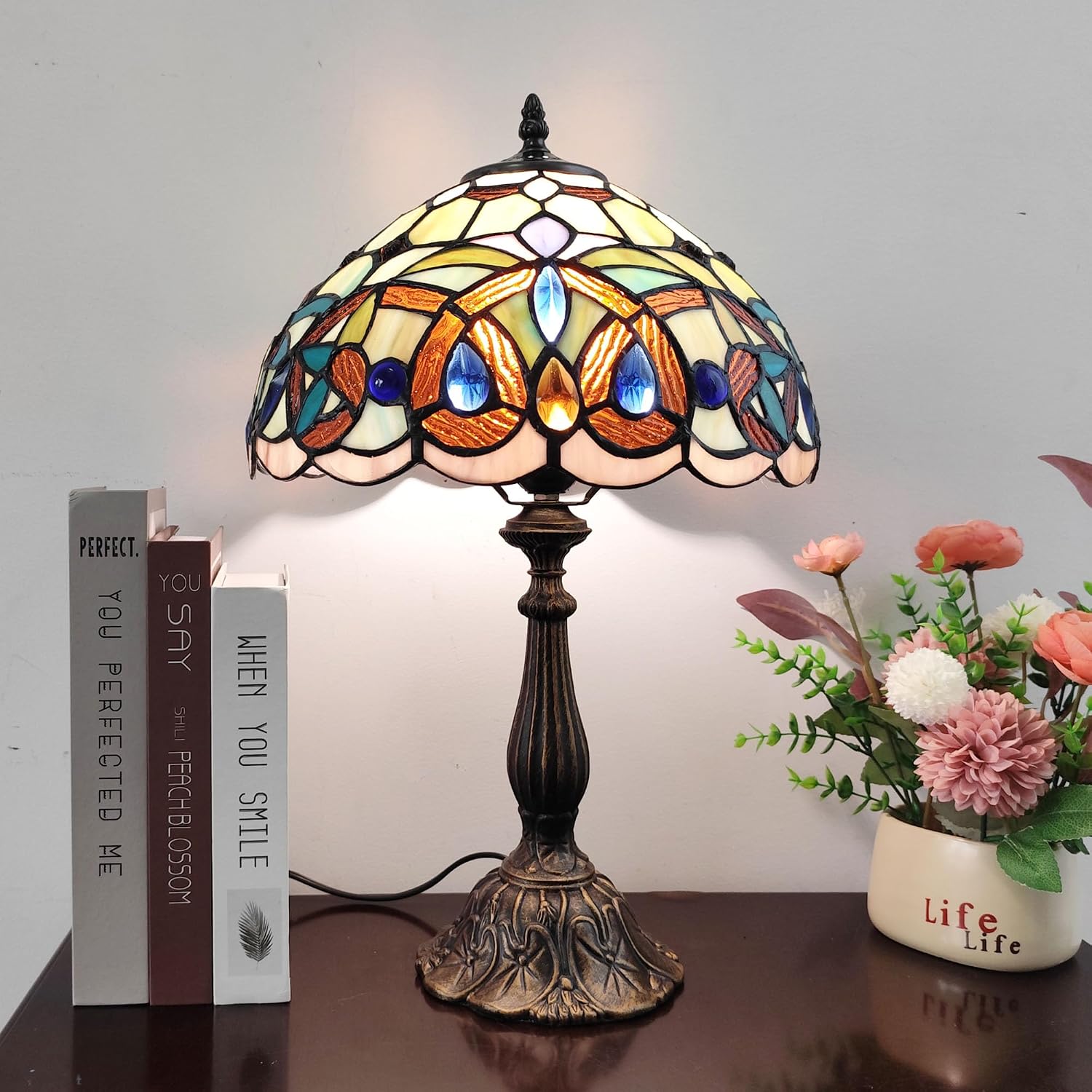 Tiffany Table Lamp Victorian Style Stained Glass Desk Light 12 Inch Tiffany Style Bedside Lamp with LED Bulb for Bedroom Living Room Office Decor