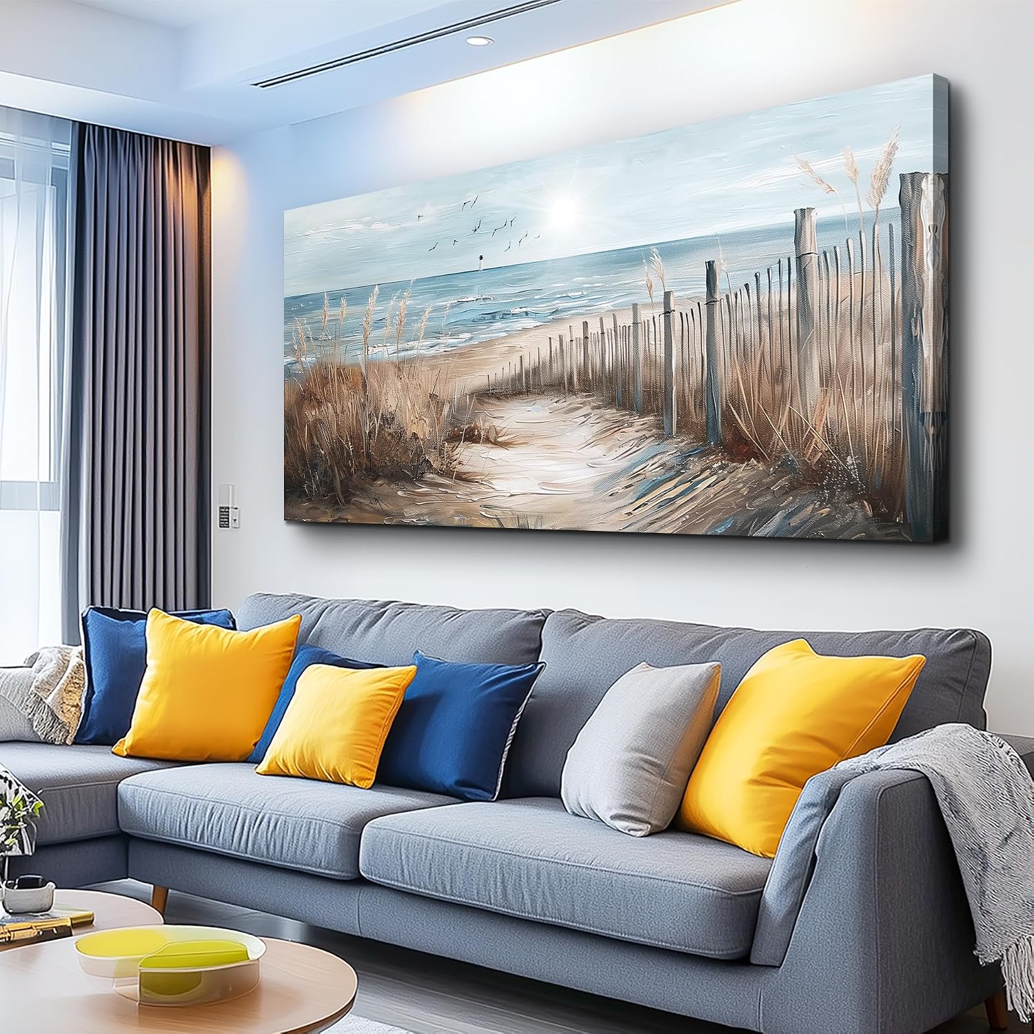 KELIYUAN Large Canvas Wall Art For Living Room Wall Decor For Office Bedroom Mural Wall Pictures Artwork Ocean Sand Dunes Grass Landscape Paintings Hotel Room Aesthetic Home Decoration Art 30'x60'