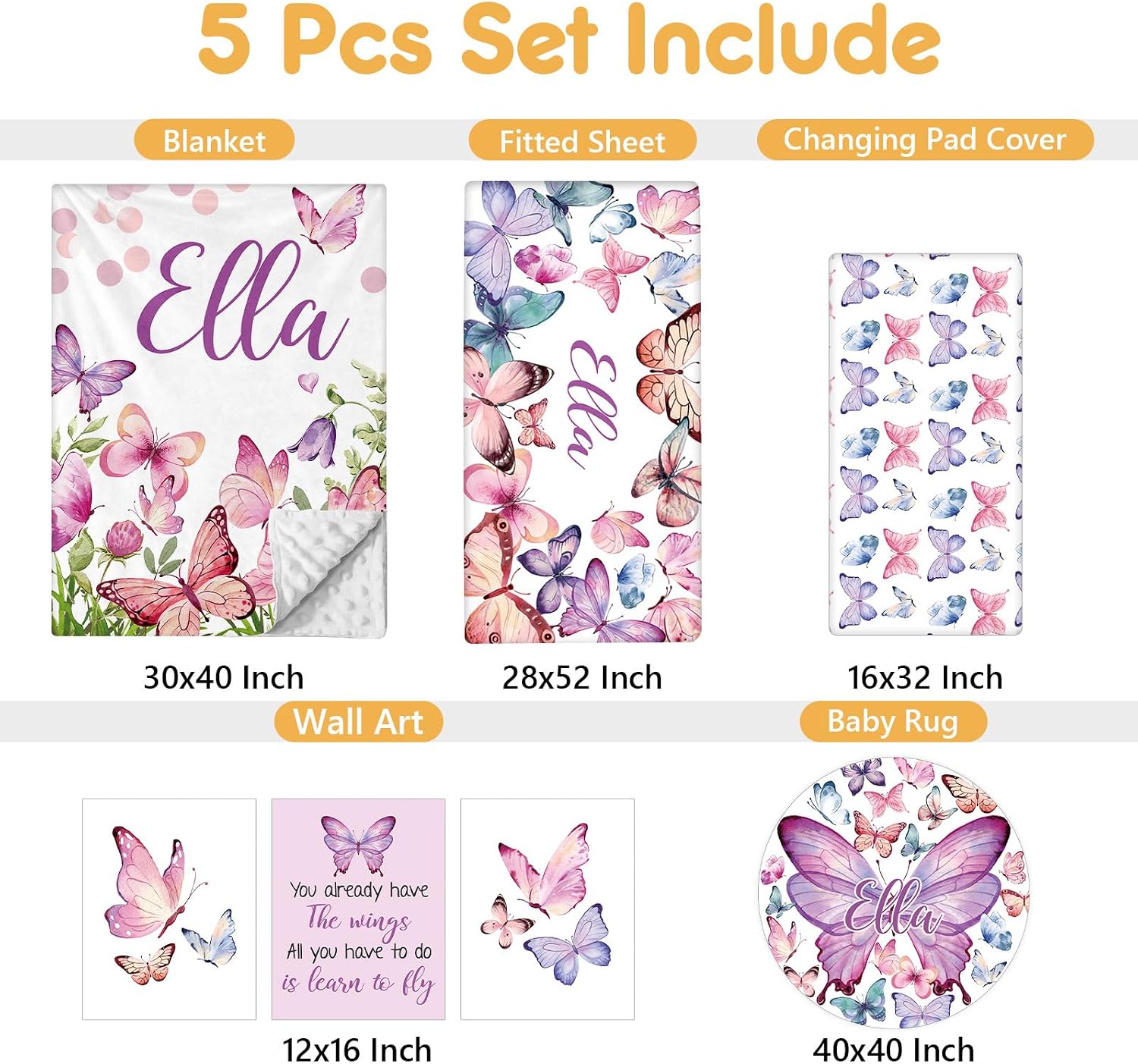 Terwex Personalized Baby Bedding Set, 5 Pcs Custom Infants Bedding Set with Infant Name, Double Layer Nursery Crib Set for Girls Boys, Customized Gifts for Toddler Baby Shower, Pink & Purple Butterfly