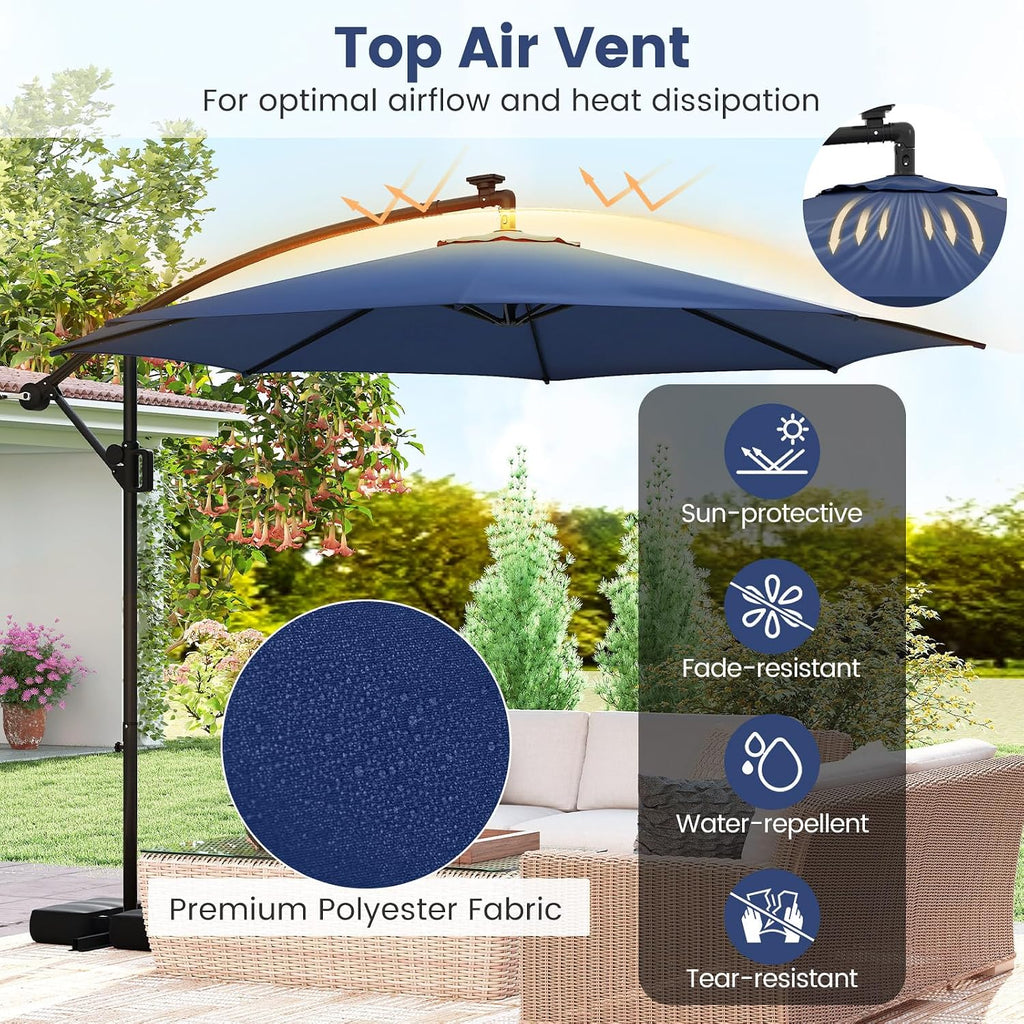 Tangkula 10 FT Solar Patio Umbrella with Base Included, Cantilever Offset Hanging Outdoor Umbrella with 96 Multi-Colored Flowing LED Lights, 9 Modes, Tilt Adjustment, 360° Rotation, Crank for Pool Yard Deck Lawn (Navy)