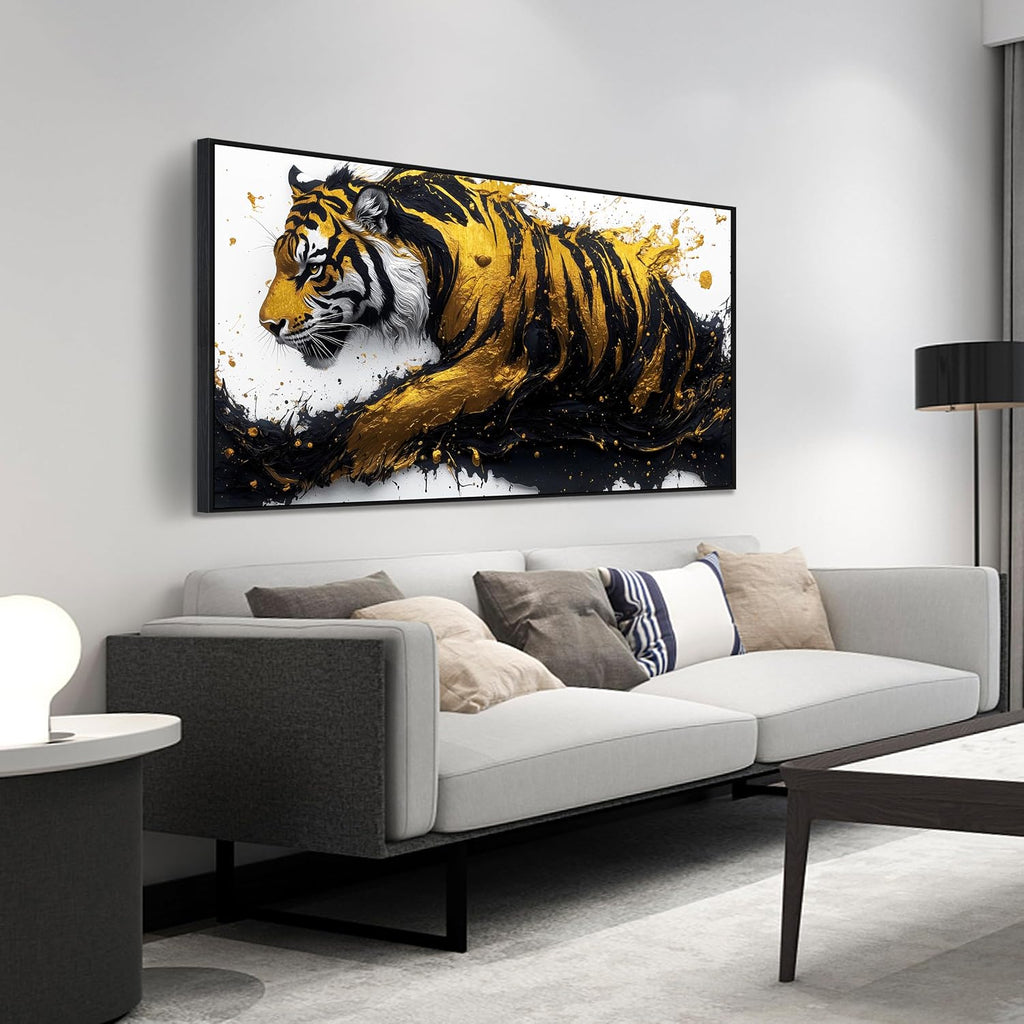 Tiger Art Wall Decor for Living Room - Modern Black and Gold Wall Decor for Bedroom - Large Framed Wall Art for Office Size 29' x 59'
