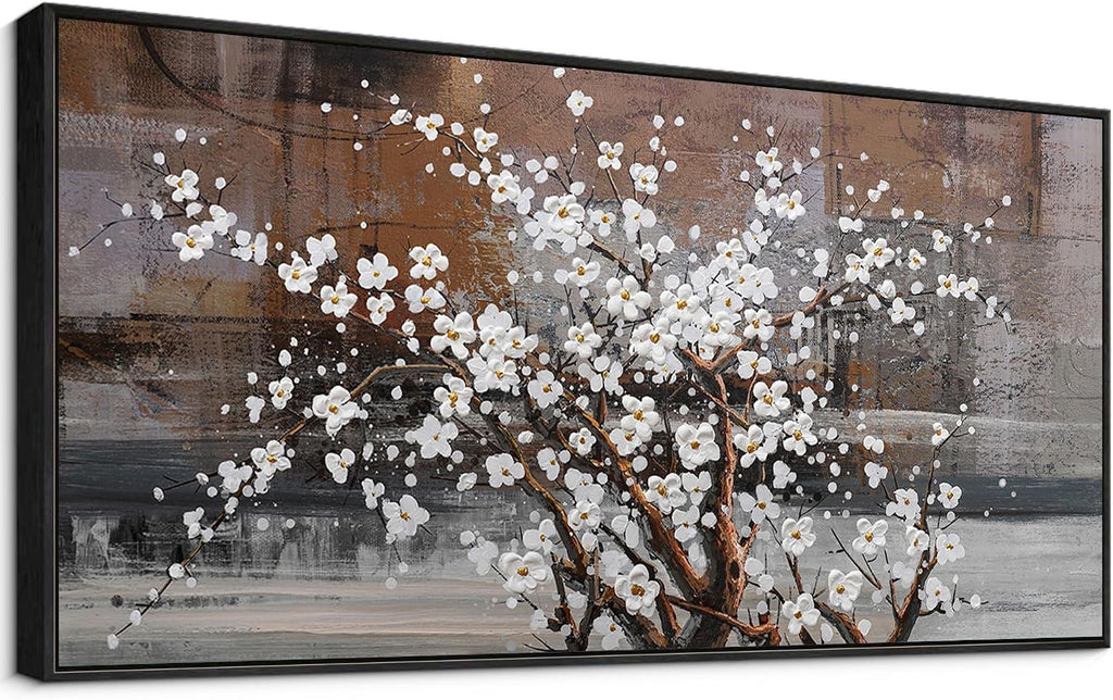 KLAKLA Wall Art for Living Room - White Plum Blossom Brown Trunk Natural Landscape Wall Decor Framed Picture Artwork for Wall Modern Paingings Extra Large Wall Art