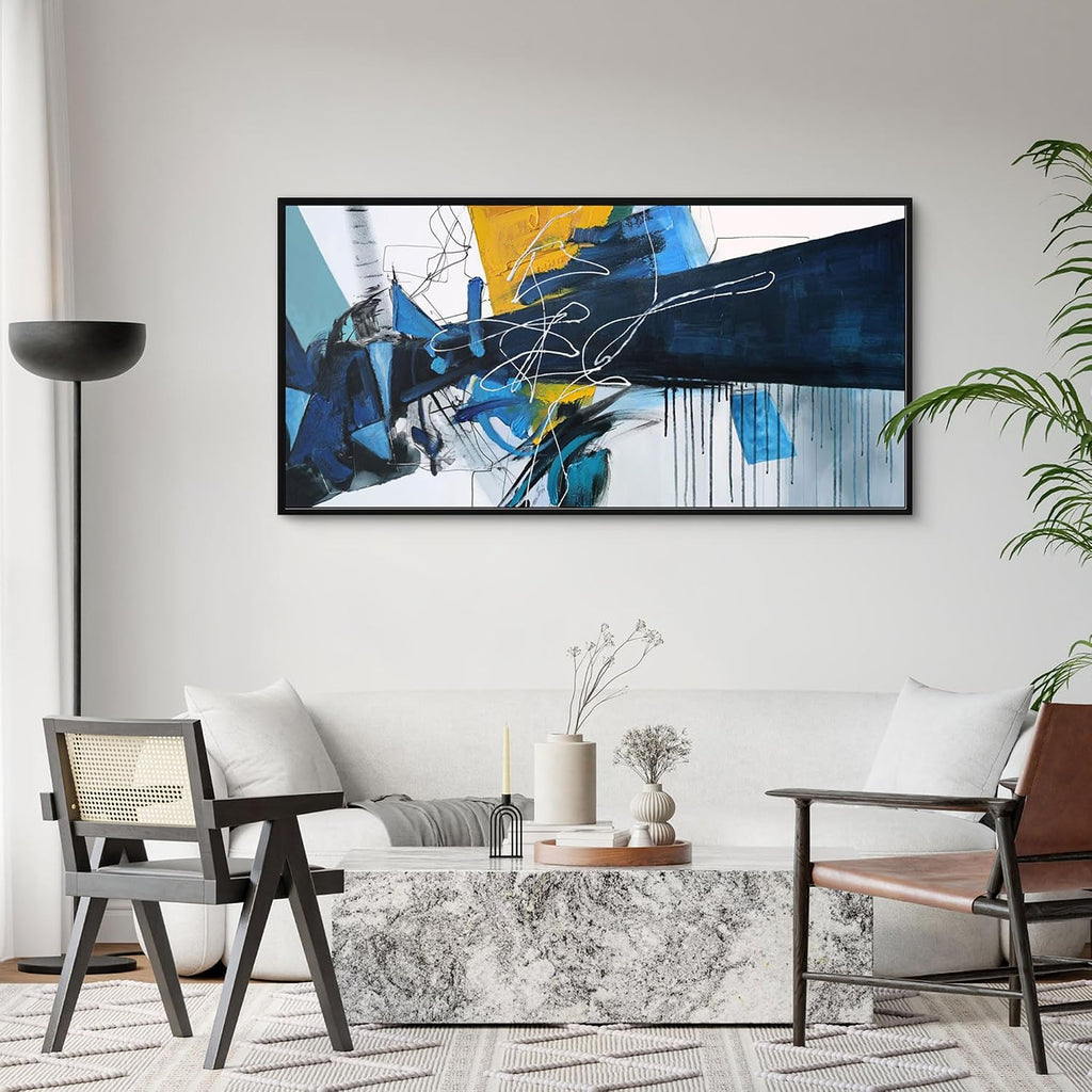 KLAKLA Wall Art for Living Room - Blue Abstract Canvas Pictures Framed Artwork for walls Extra Large Prints for Bedroom Above the Bed Decor 24x48 Inches