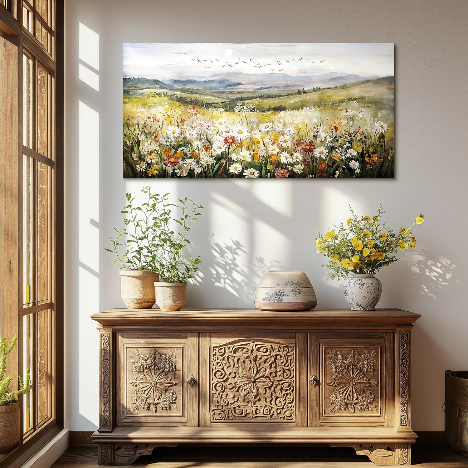 SERIMINO Nature Landscape Wall Art, Mountain Daisy Extra Large Artwork, Wildflower Meadow Rustic Home Decor Art Prints, French Country Aesthetic Paintings Wall Decor Living Room Dining Room 29X57 Inch