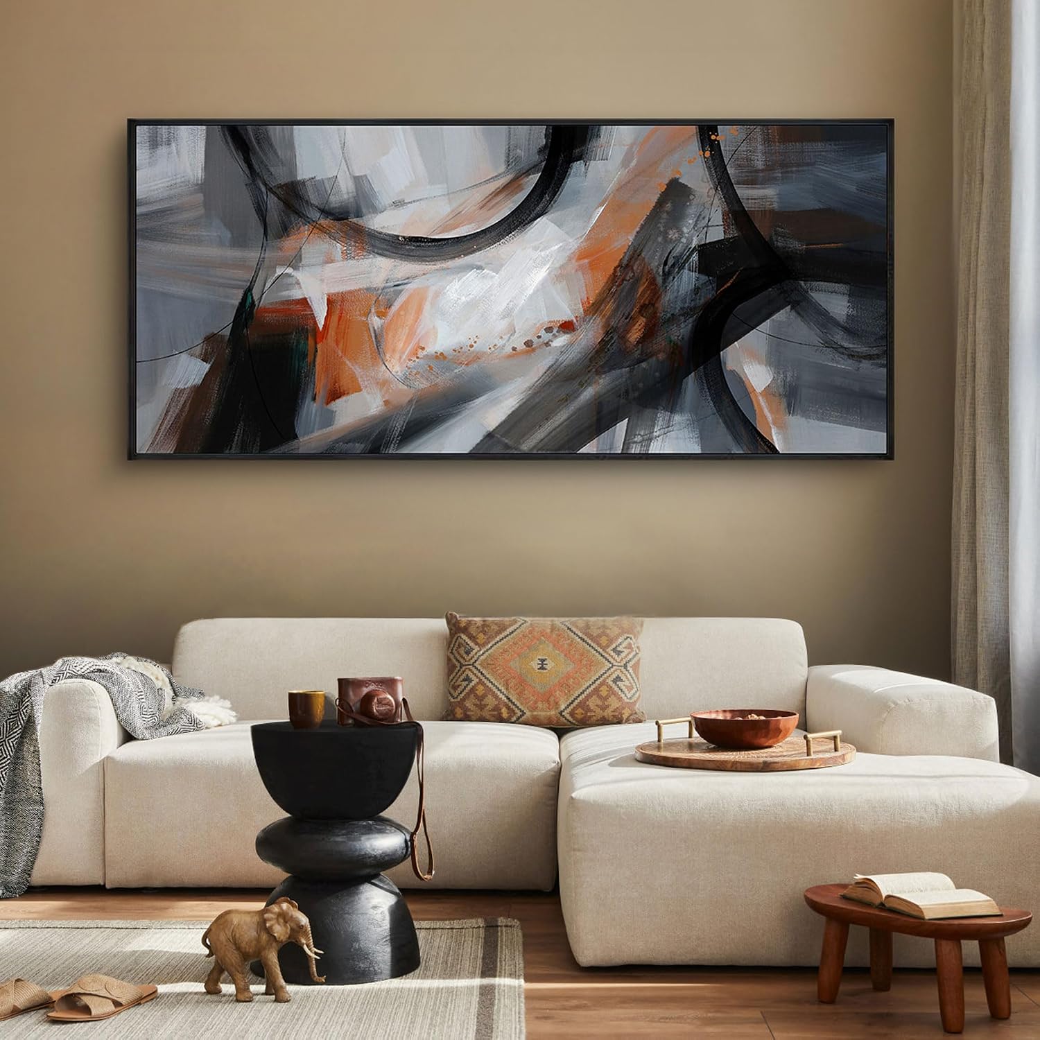 KLAKLA Wall Art for Living Room - Black and Orange Boho Abstract Canvas Framed Wall Decor Office Bedroom Art Modern Large Picture Artwork for Walls Prints Paintings Artwork 70x31 Inches