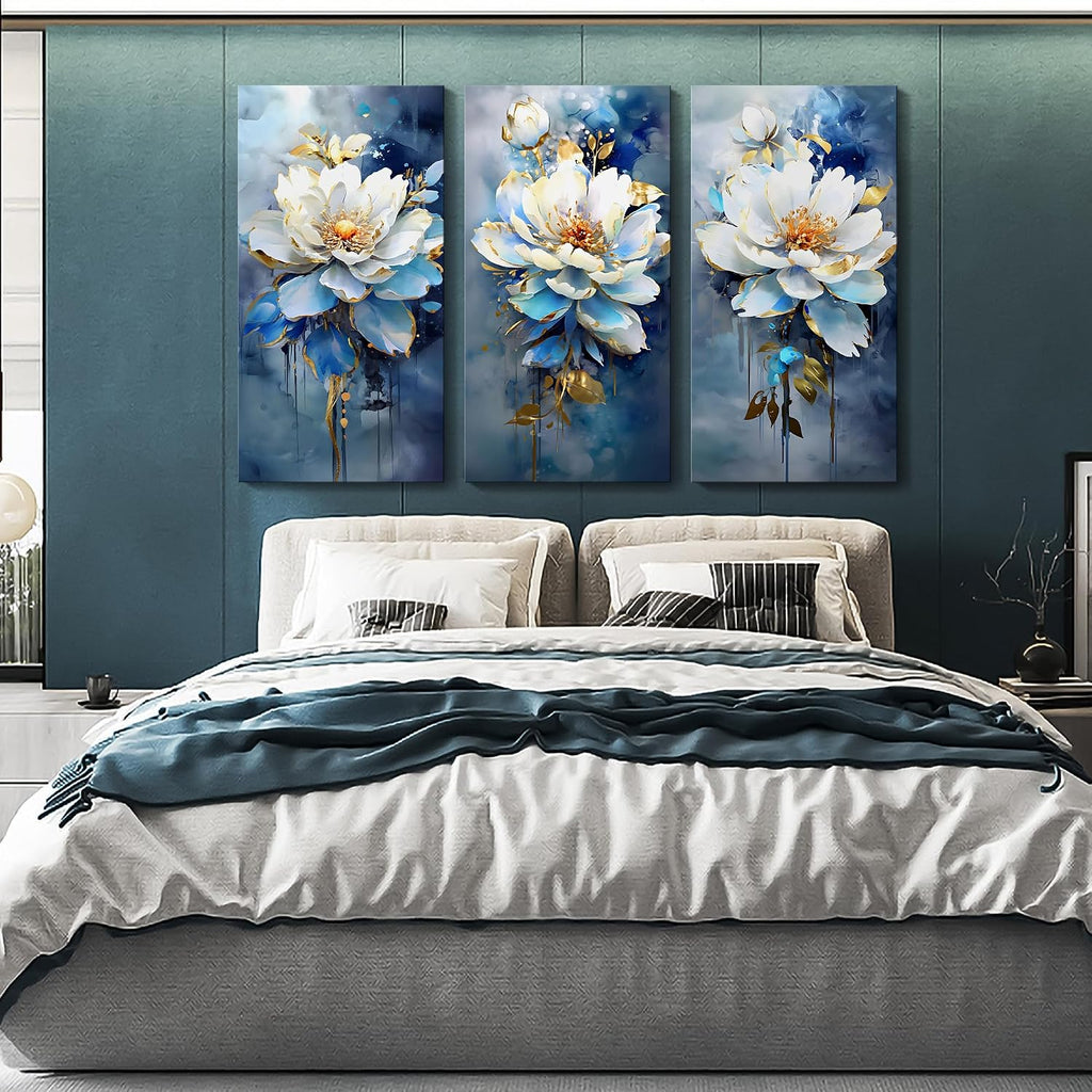 AJAZIKO Navy Blue Wall Art - Modern Abstract Flower Canvas Art - 3 Piece Set - 20x40IN - For Living Room & Bedroom