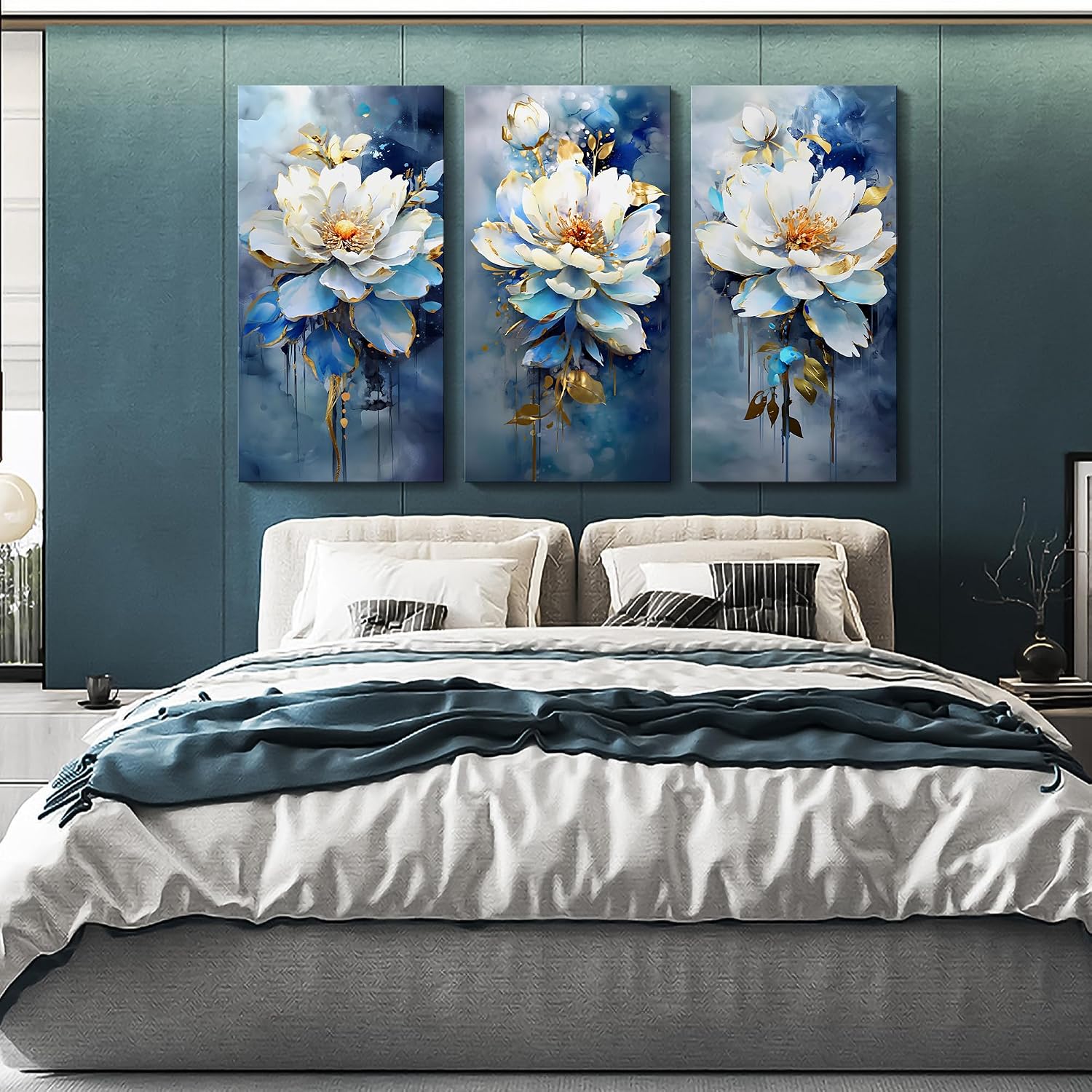 AJAZIKO Navy Blue Wall Art - Modern Abstract Flower Canvas Art - 3 Piece Set - 20x40IN - For Living Room & Bedroom