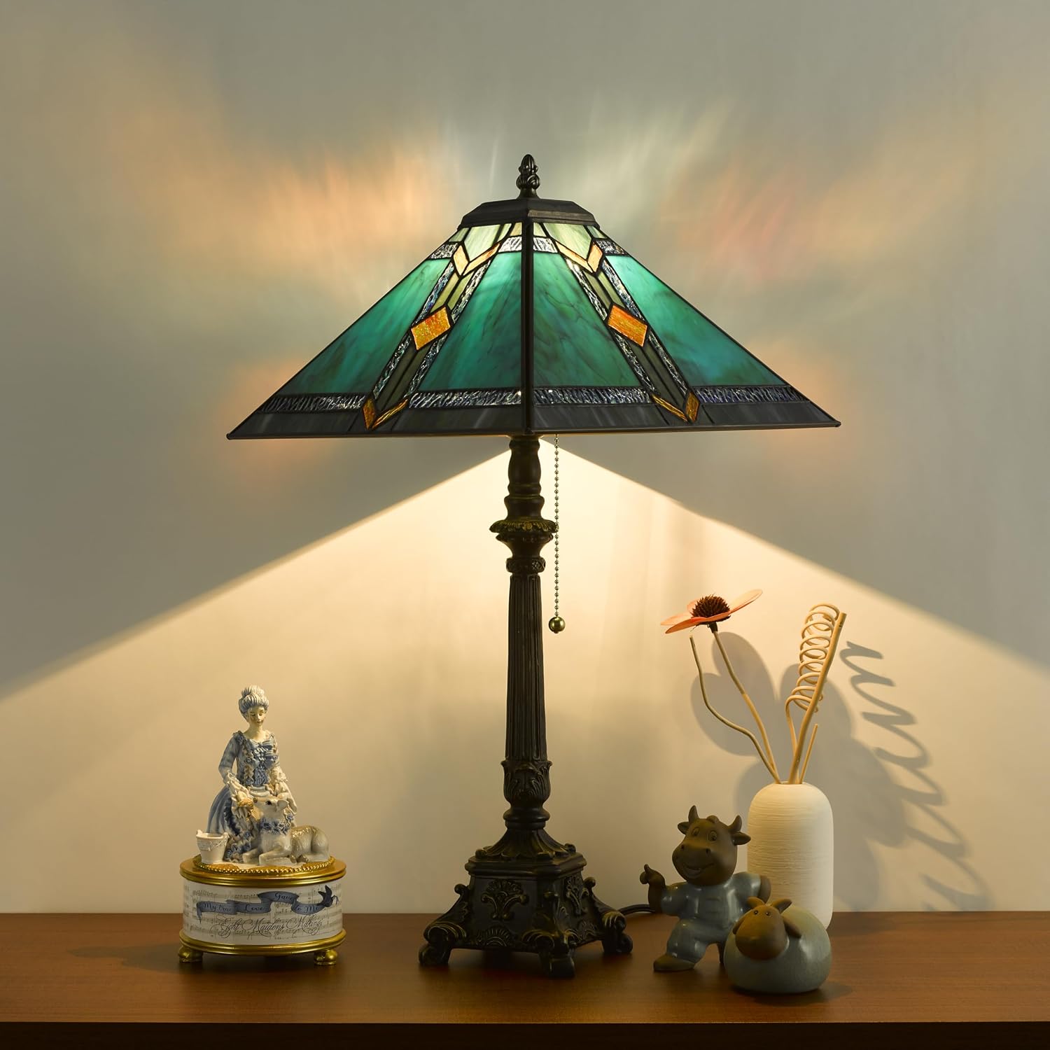 Tiffany Table Lamps Blue Stained Glass Striped Checkered Style Mission Desk Lamp 12X12X24 Inch Bronze Resin Base