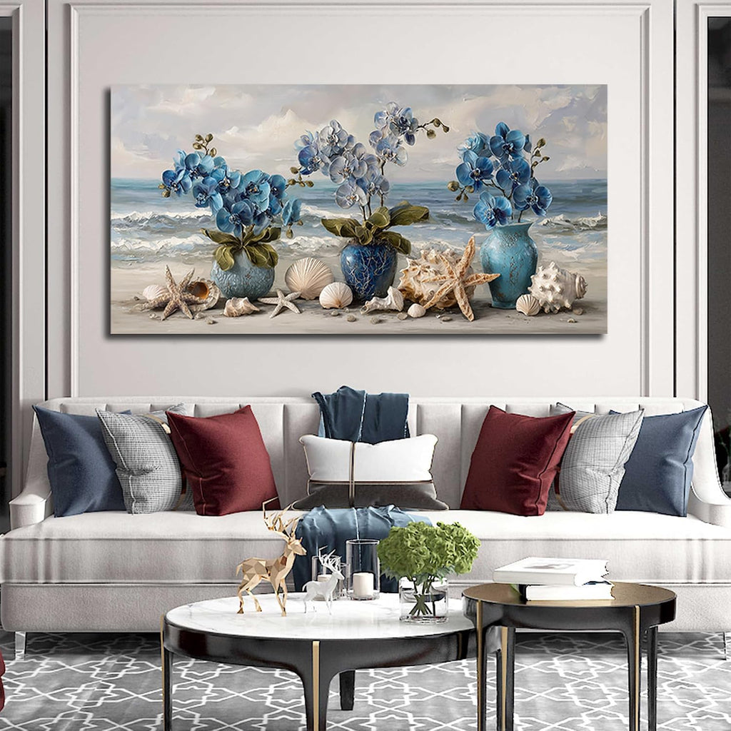 AOZEMI Vase Wall Art Large Seascape Wall Decor Beach Canvas Art Coastal Ocean Pictures Flower Poster Starfish Conch Shell Print Art for Bedroom Bathroom Living Room Office 29'x 59'
