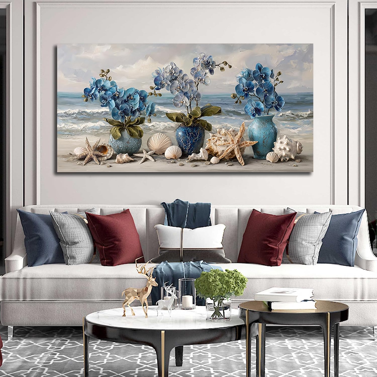 AOZEMI Vase Wall Art Large Seascape Wall Decor Beach Canvas Art Coastal Ocean Pictures Flower Poster Starfish Conch Shell Print Art for Bedroom Bathroom Living Room Office 29'x 59'
