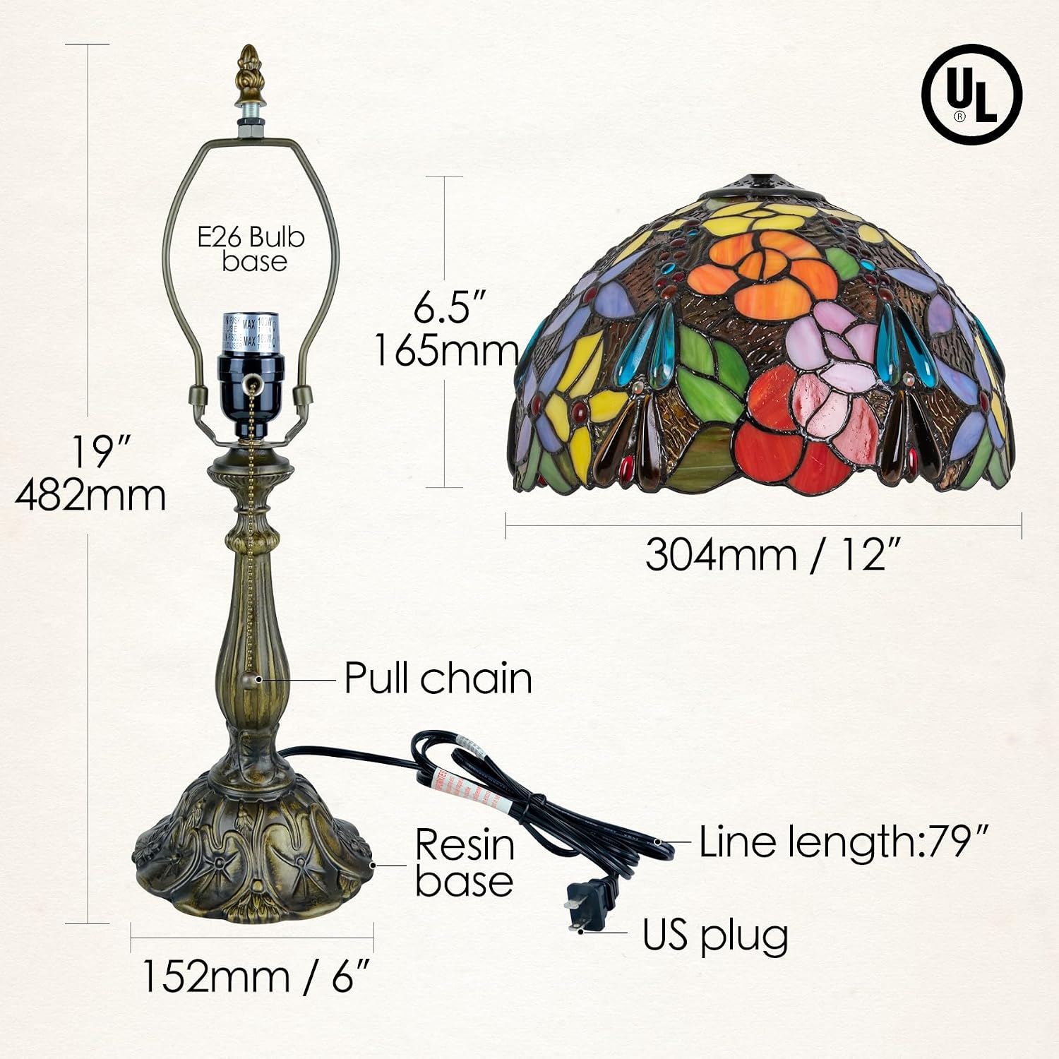 Tiffany Style Stained Glass Table Lamp, Floral Flower Desk Light with Antique Bronze Resin Base, Colorful Decorative Lighting for Bedroom, Living Room, Office 12X12X19 Inch (Flower Floral)