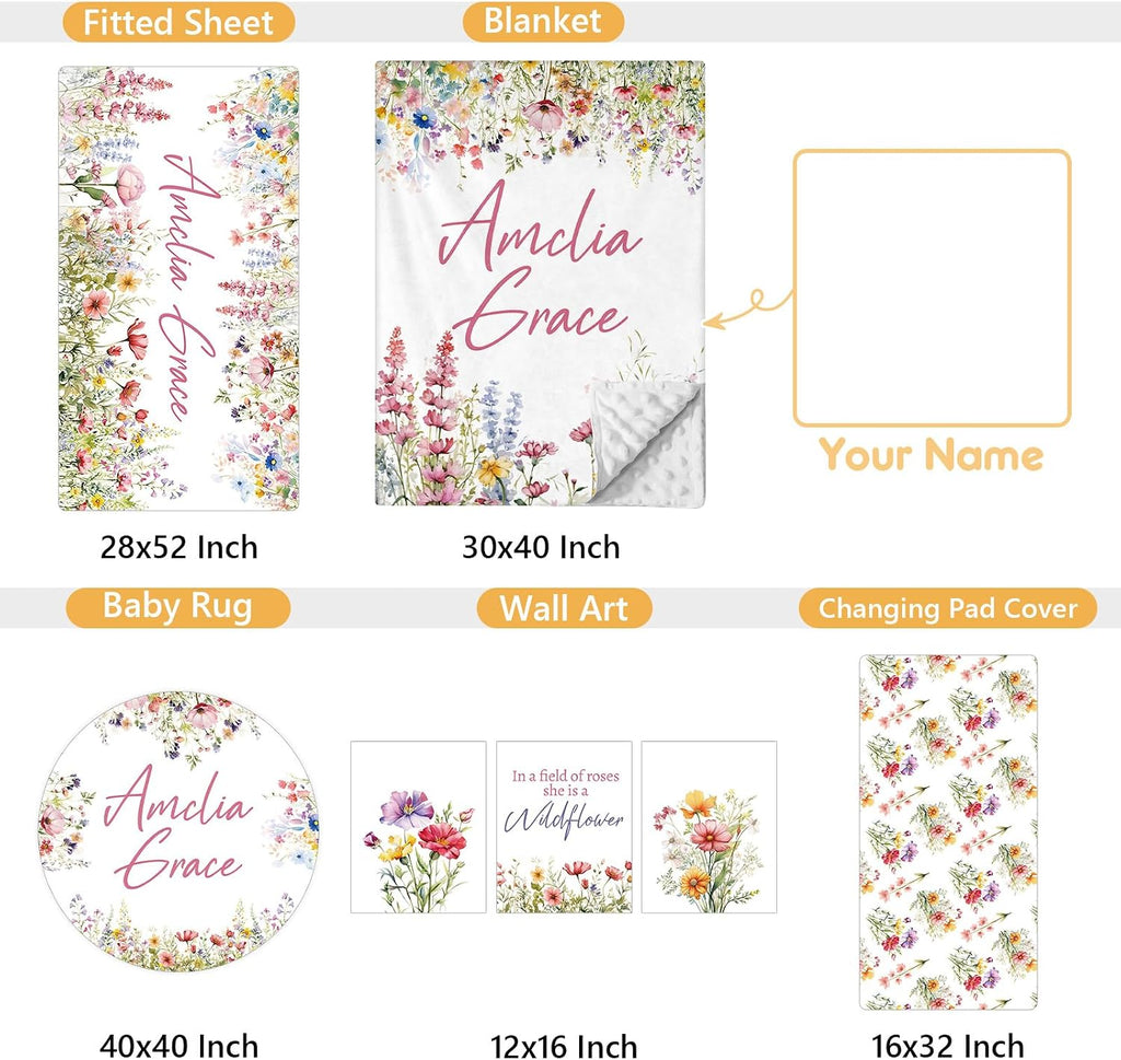 Terwex Custom Crib Bedding Set - 5 Pcs Customized Baby Crib Set with Name - Soft Double Layer Flower Nursery Baby Bedding Set for Girls Boys - Personalized for Infants Toddlers