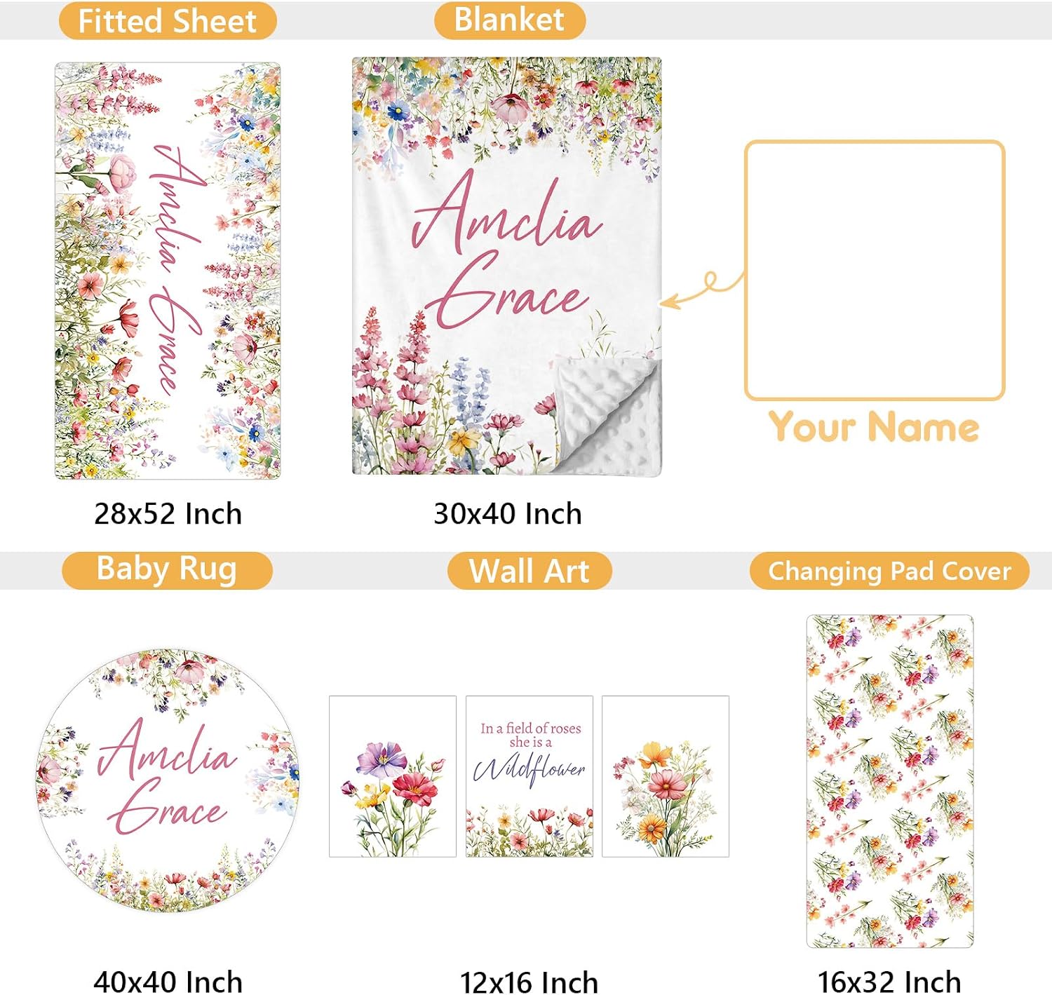 Terwex Custom Crib Bedding Set - 5 Pcs Customized Baby Crib Set with Name - Soft Double Layer Flower Nursery Baby Bedding Set for Girls Boys - Personalized for Infants Toddlers