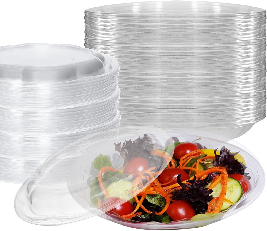 64oz Salad Bowls To-Go with Lids - Crystal Clear Plastic Disposable Wide Salad Containers | Airtight, Lunch, Salads, Parfait, Fruits, Leak Proof, Airtight, Fresh, Meal Prep | Rose Bowl Container (200)