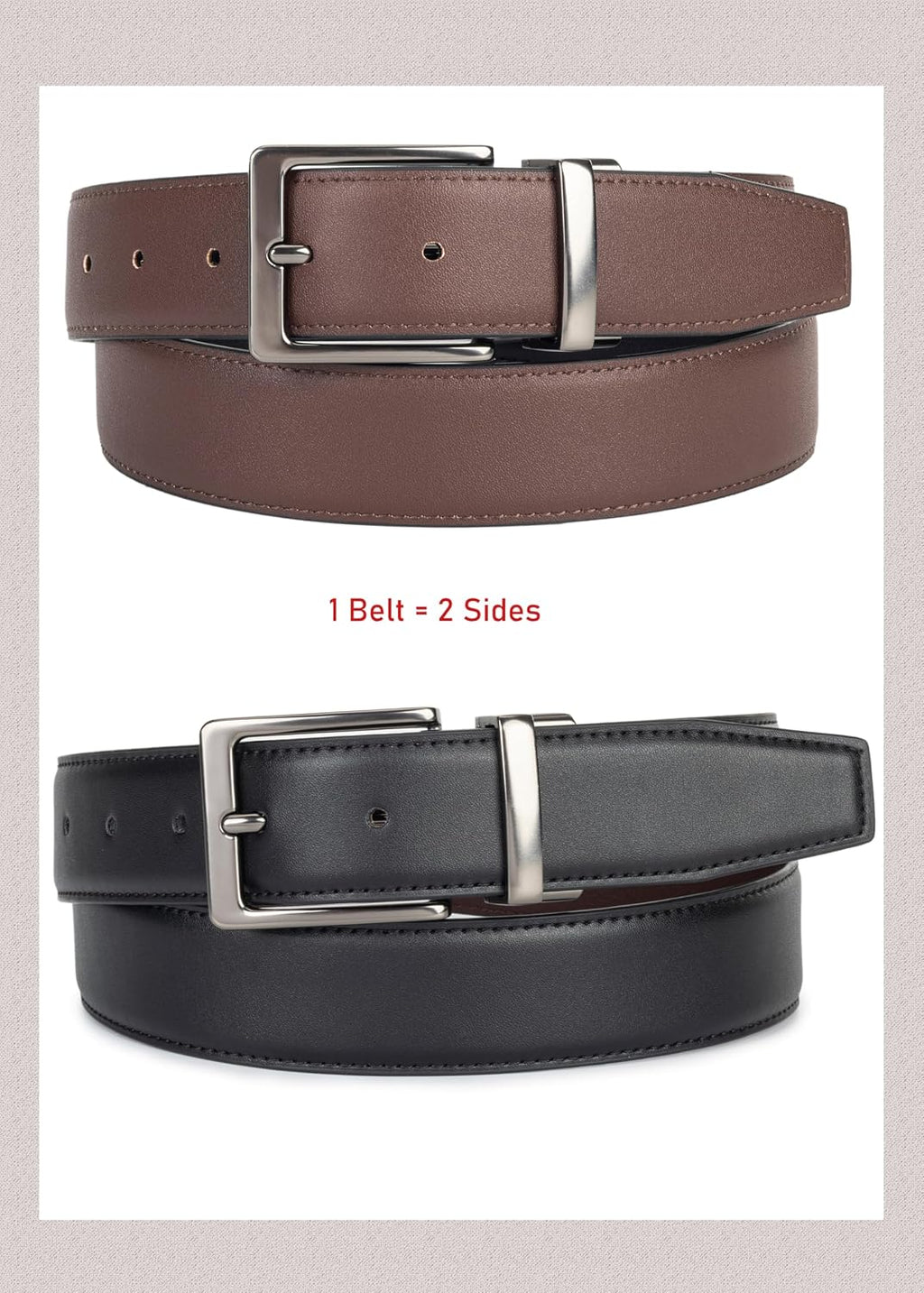 Reversible Belt for Men Black Brown PU Leather Belt with Alloy Pin Buckle, Mens Dress Belt for Work Casual, 1.3' Wide