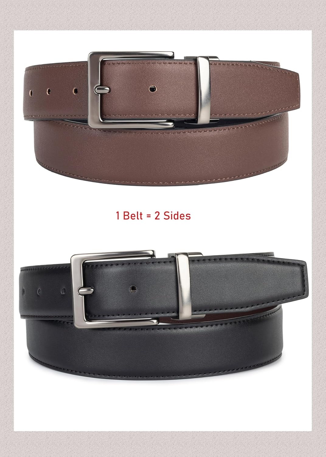 Reversible Belt for Men Black Brown PU Leather Belt with Alloy Pin Buckle, Mens Dress Belt for Work Casual, 1.3' Wide