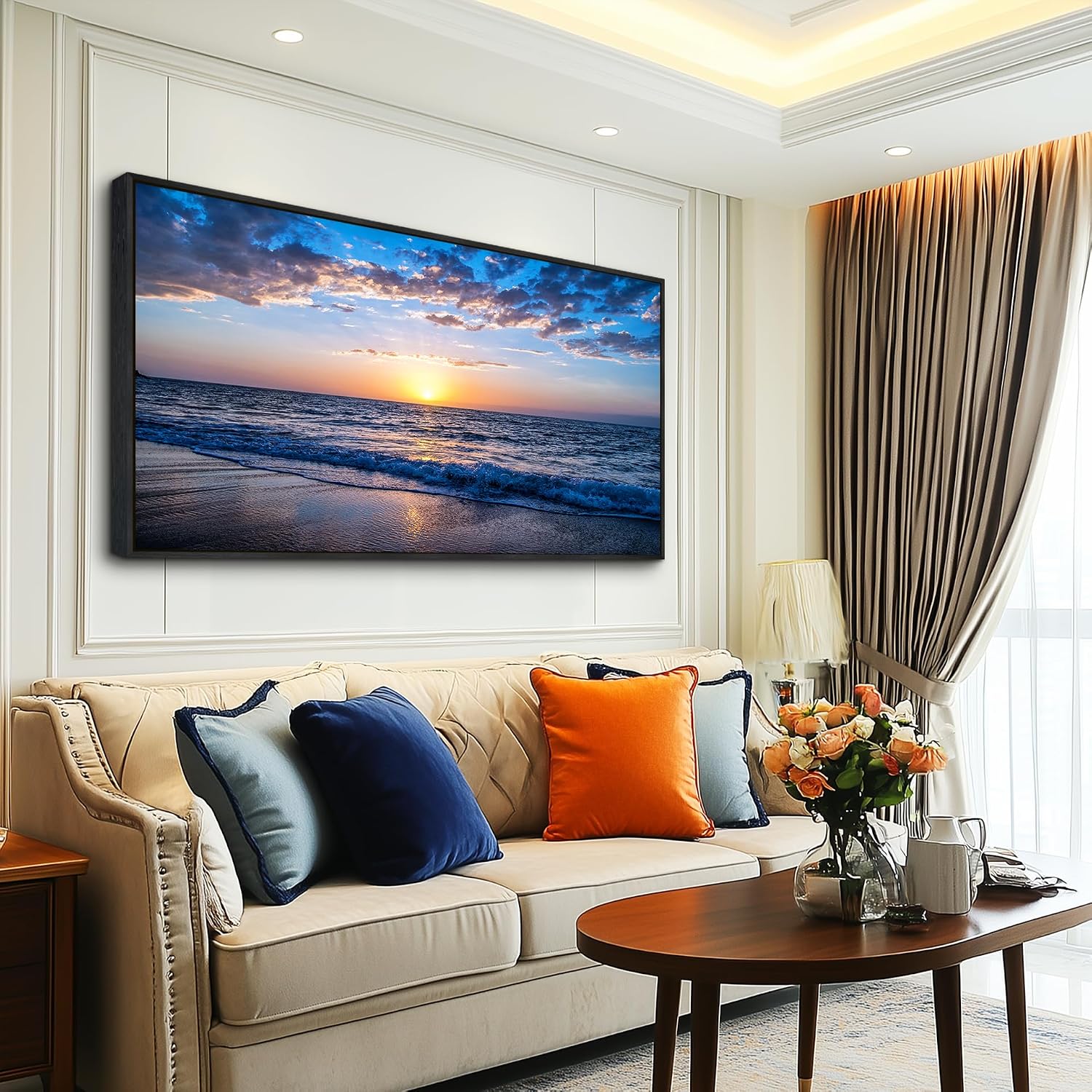 Blue Ocean Framed Wall Decor Living Room Large Size Canvas Wall Art For Bedroom Boho Home Decor Sea Beach Canvas Pictures Artwork Sunny Sea View Painting Office Wall Decorations Black Framed 30' X 60'