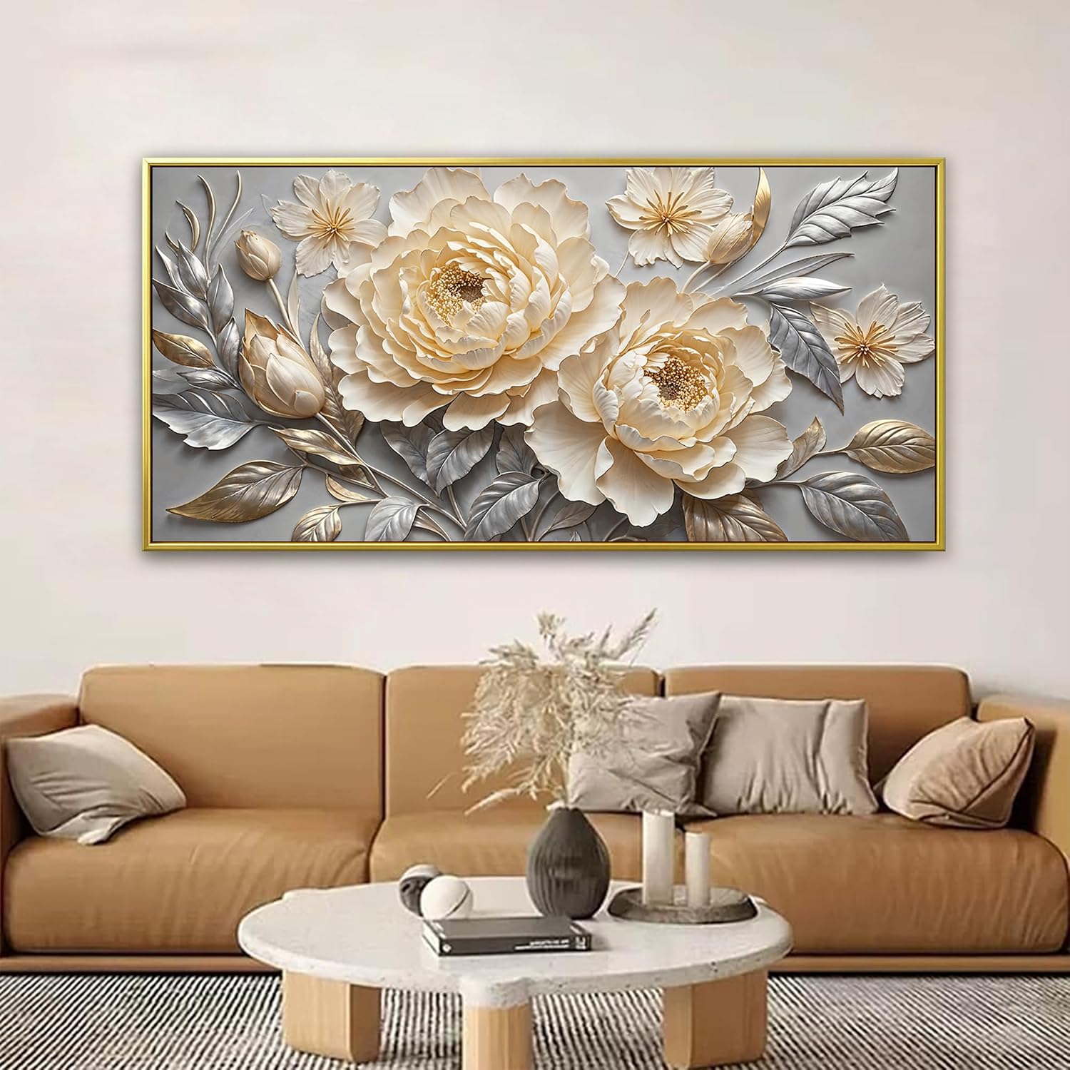 Large Canvas Art Wall Decor Print Silver White Flowers Wall Art Picture Modern Landscape Artwork Painting Gold Framed Wall Art For Living Room Bedroom Home Office Prints Artwork 29' X 58'