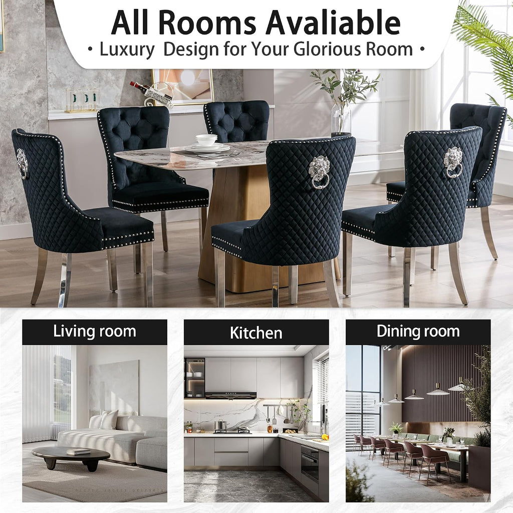 Velvet Dining Chairs Set of 6, Upholstered Dining Room Chairs, Mid-Century Modern Chairs with Diamond Lattice Tufted Back, Lion Pull Ring Rivet Trim, Silver Metal Legs for Kitchen, Black